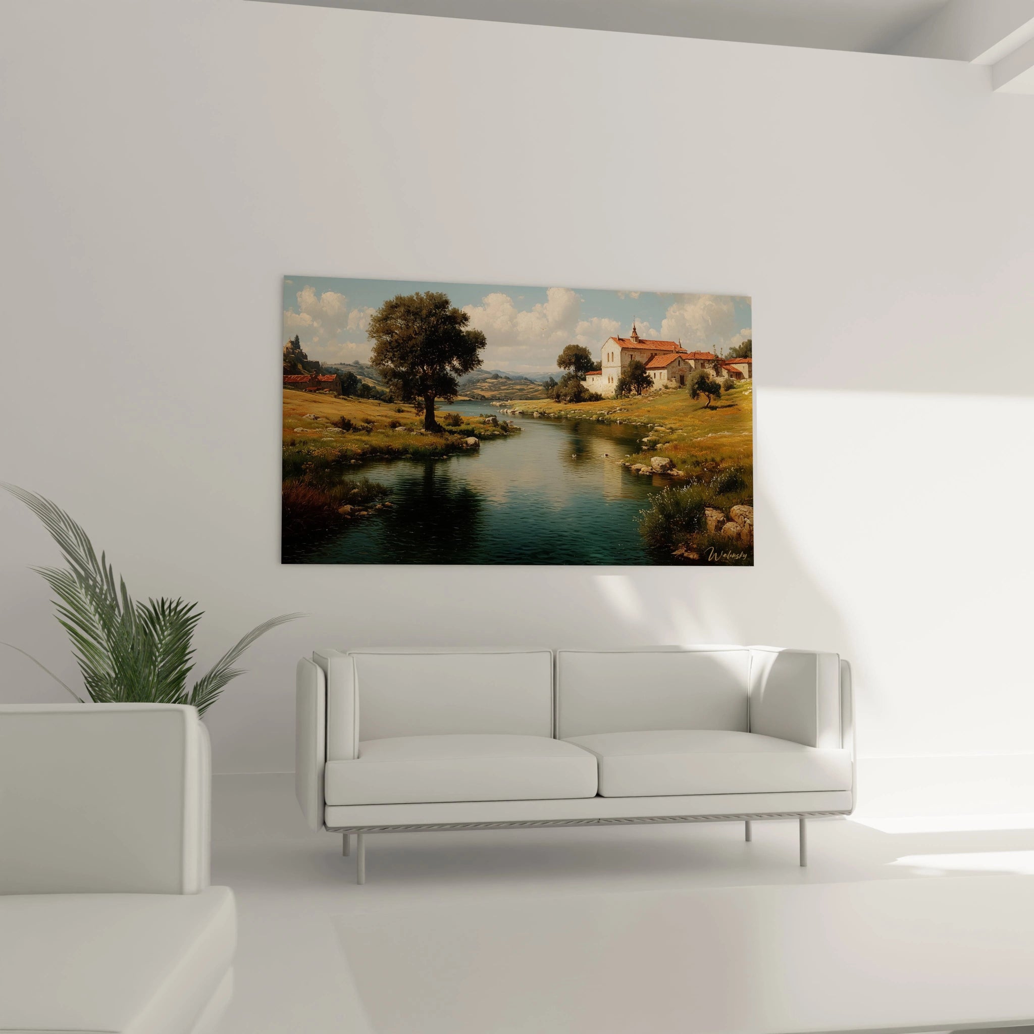 Tableau mural Walensky montrant un monastère paisible au bord d'une rivière, tableau monastère paysage classique