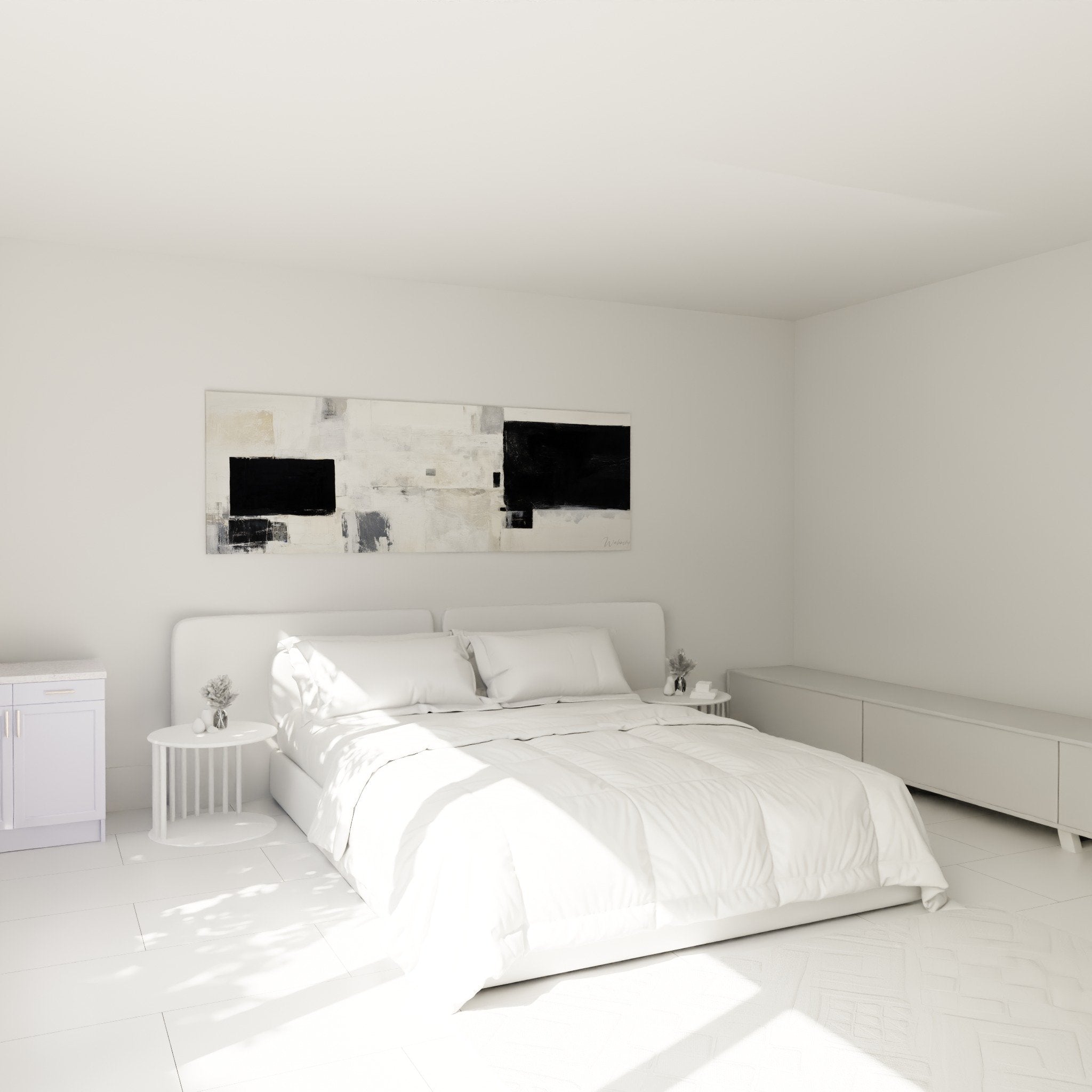 Black and white abstract monochrome wall art in modern bedroom zen feng shui metal decor