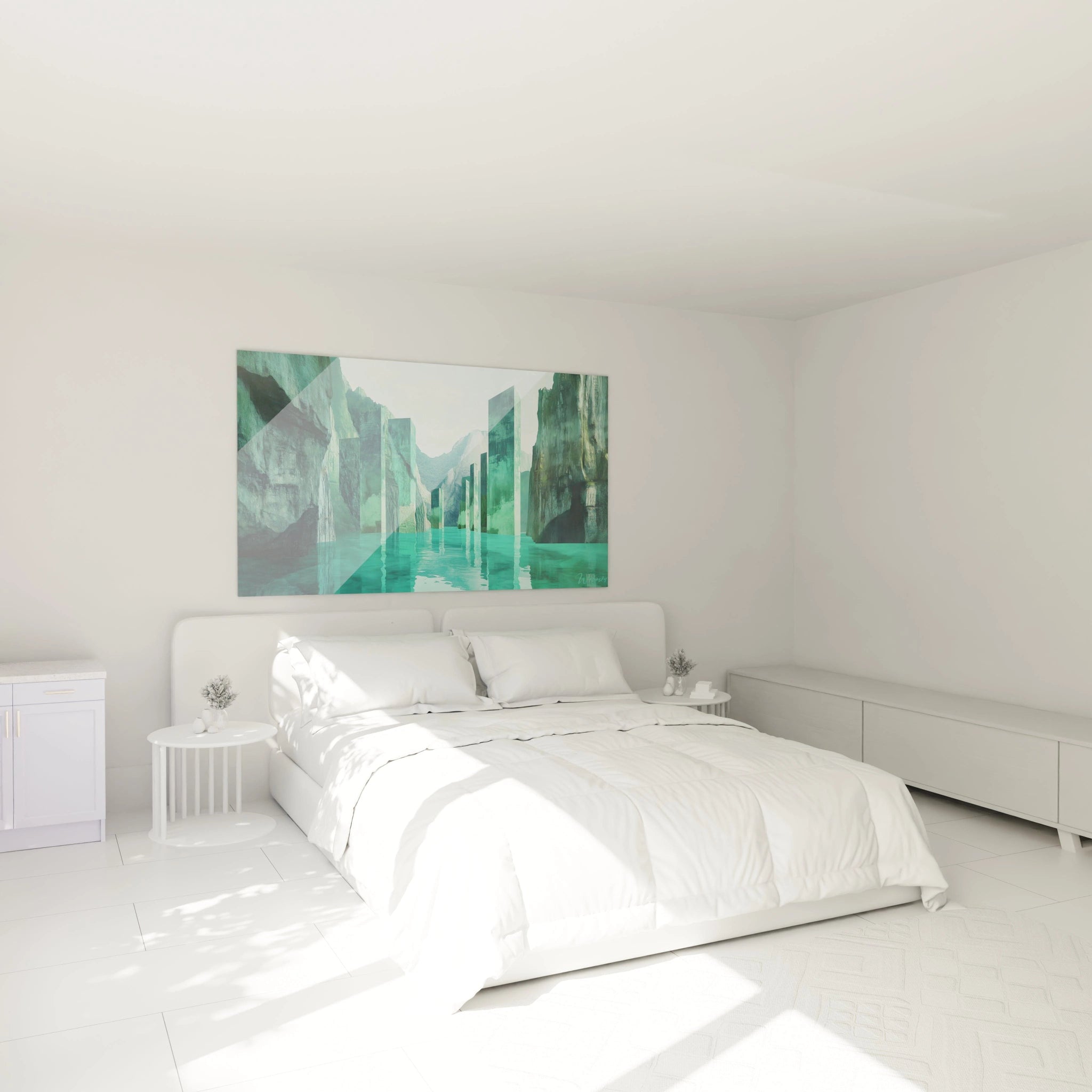 Un tableau canyon aquatique où des structures géométriques verticales en vert émeraude s'élèvent d'une eau turquoise limpide, créant des reflets symétriques. Les parois rocheuses naturelles encadrent la scène avec leurs textures stratifiées gris-bleu.