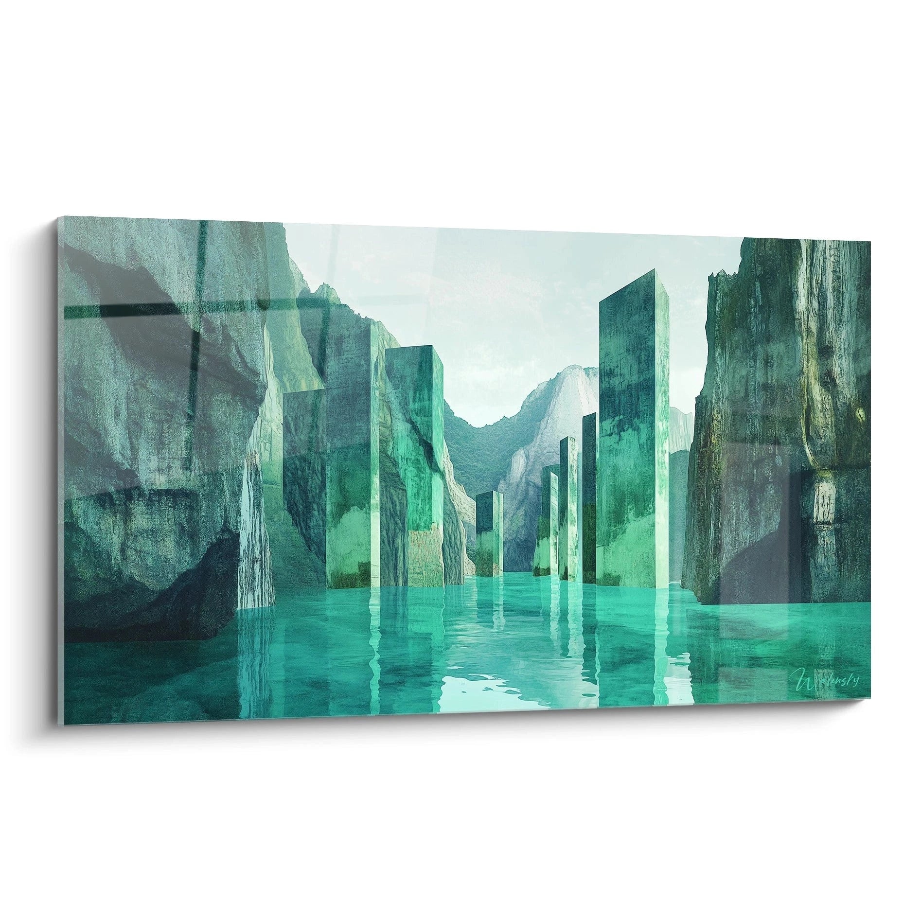 Un tableau paysage aquatique représentant des monolithes translucides vert émeraude émergeant d'une eau turquoise cristalline, entourés de falaises rocheuses grises, avec des reflets parfaitement rendus sur la surface calme.