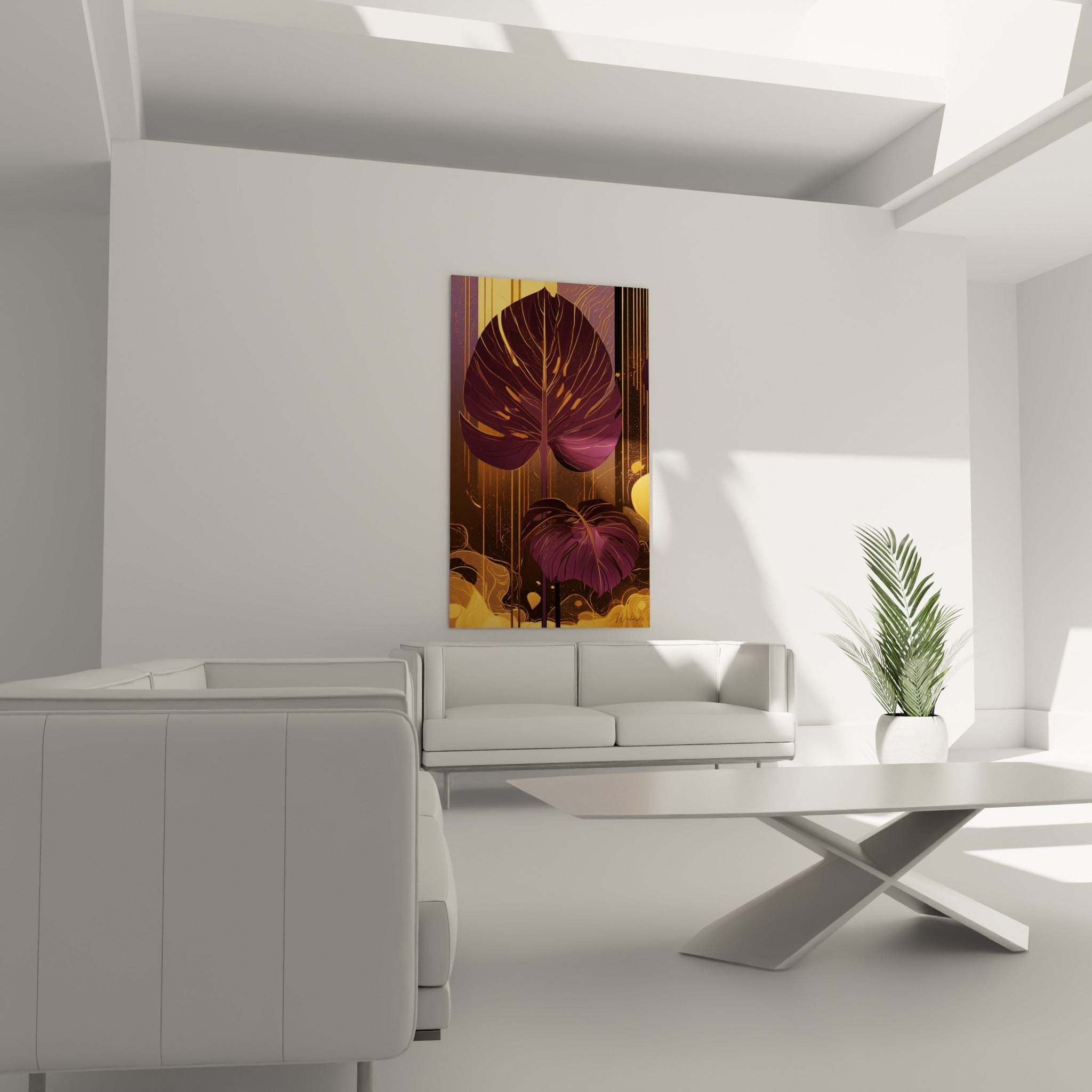 Monstera anthracite et ocre, larges feuilles au-dessus d'un canapé dans un salon lumineux