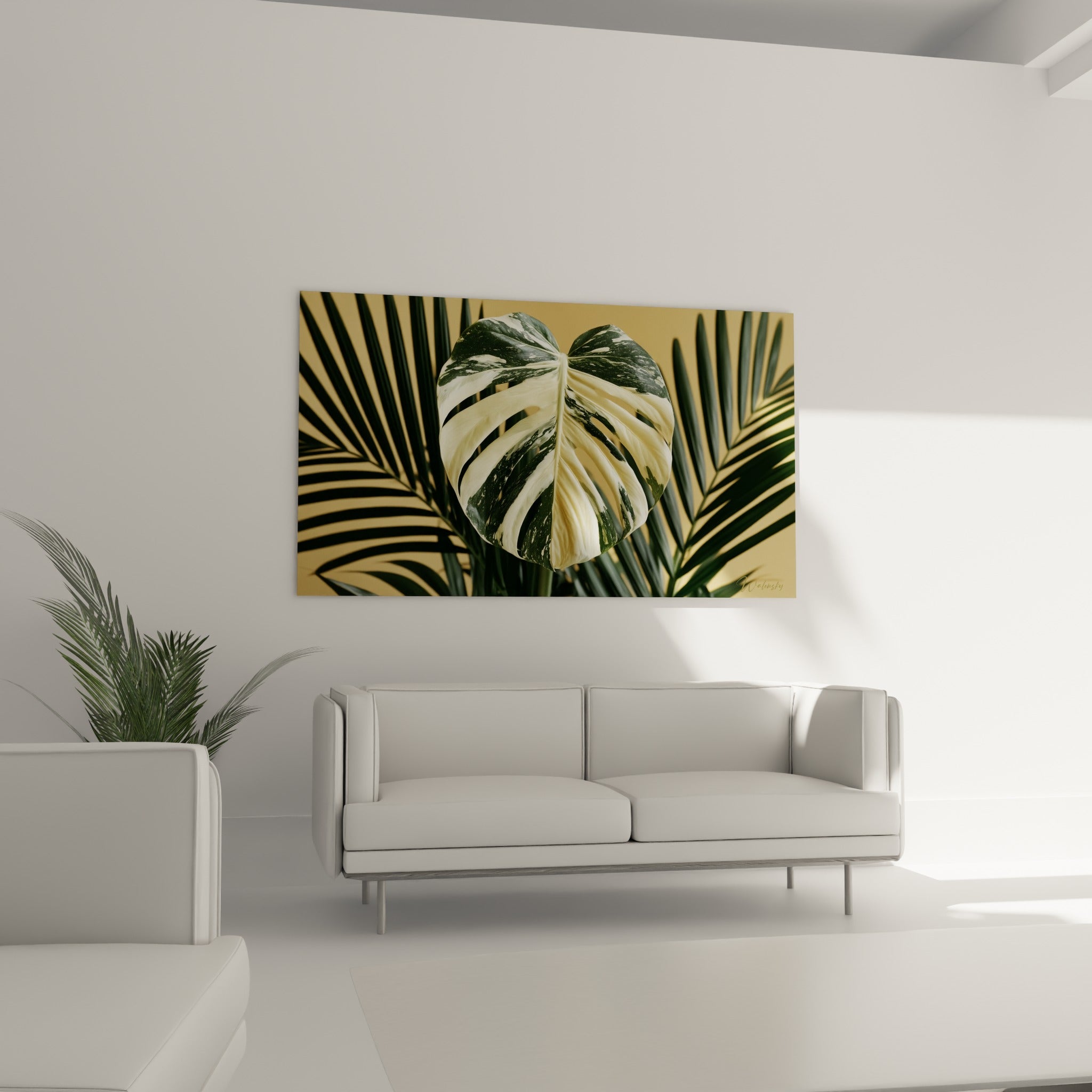 Monstera panaché vert et ocre doré suspendu au-dessus d'un canapé dans un salon lumineux