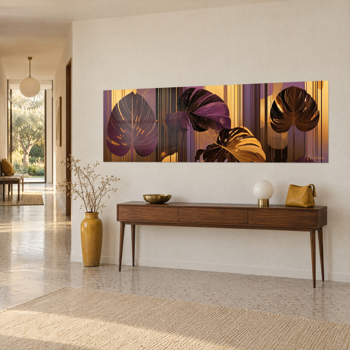 Wall art tropical leaves in plum and gold, vertical saffron stripes, hung above a wooden console, three-quarter view