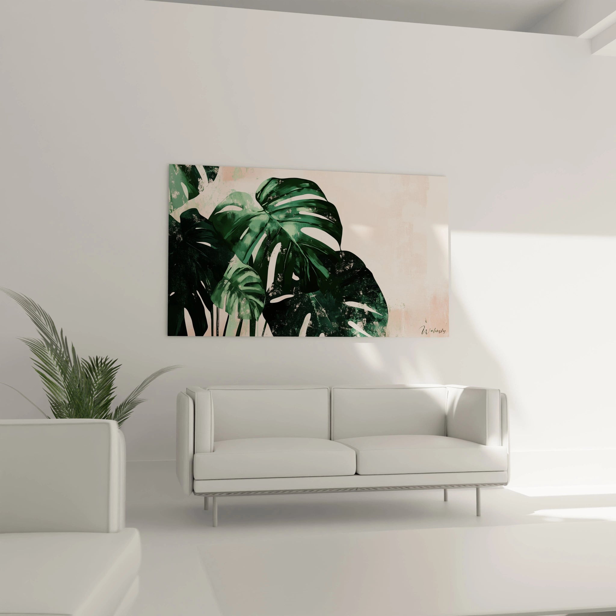 Un tableau Monstera nature mettant en avant des feuilles de Monstera aux nuances vertes, disposées sur un fond beige et rose aux effets d’usure. Mélange de textures lisses et irrégulières.