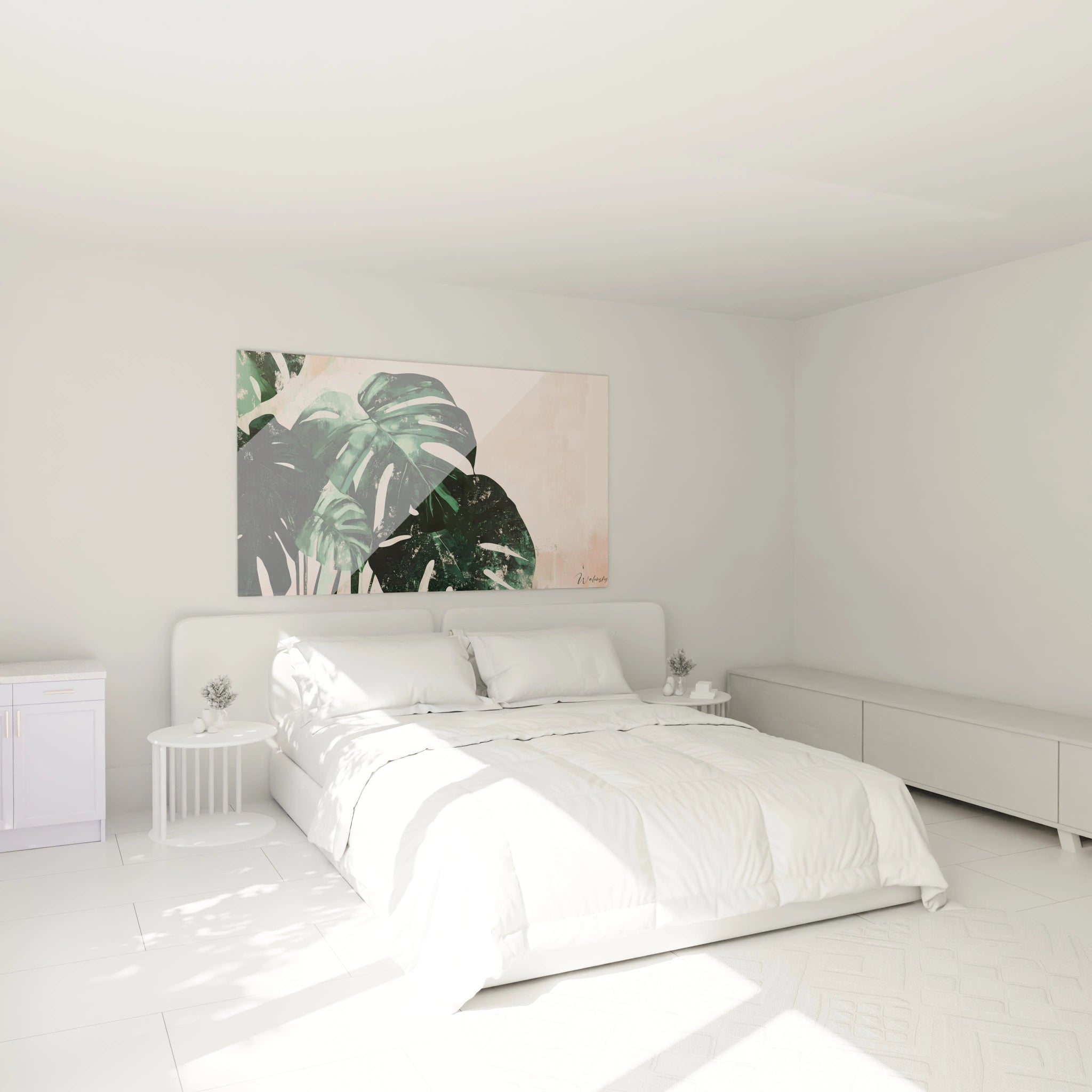 Un tableau Monstera nature illustrant des feuilles tropicales en vert foncé et clair, sur un arrière-plan beige rosé texturé. Présence de zones patinées et dégradés subtils pour créer du relief.