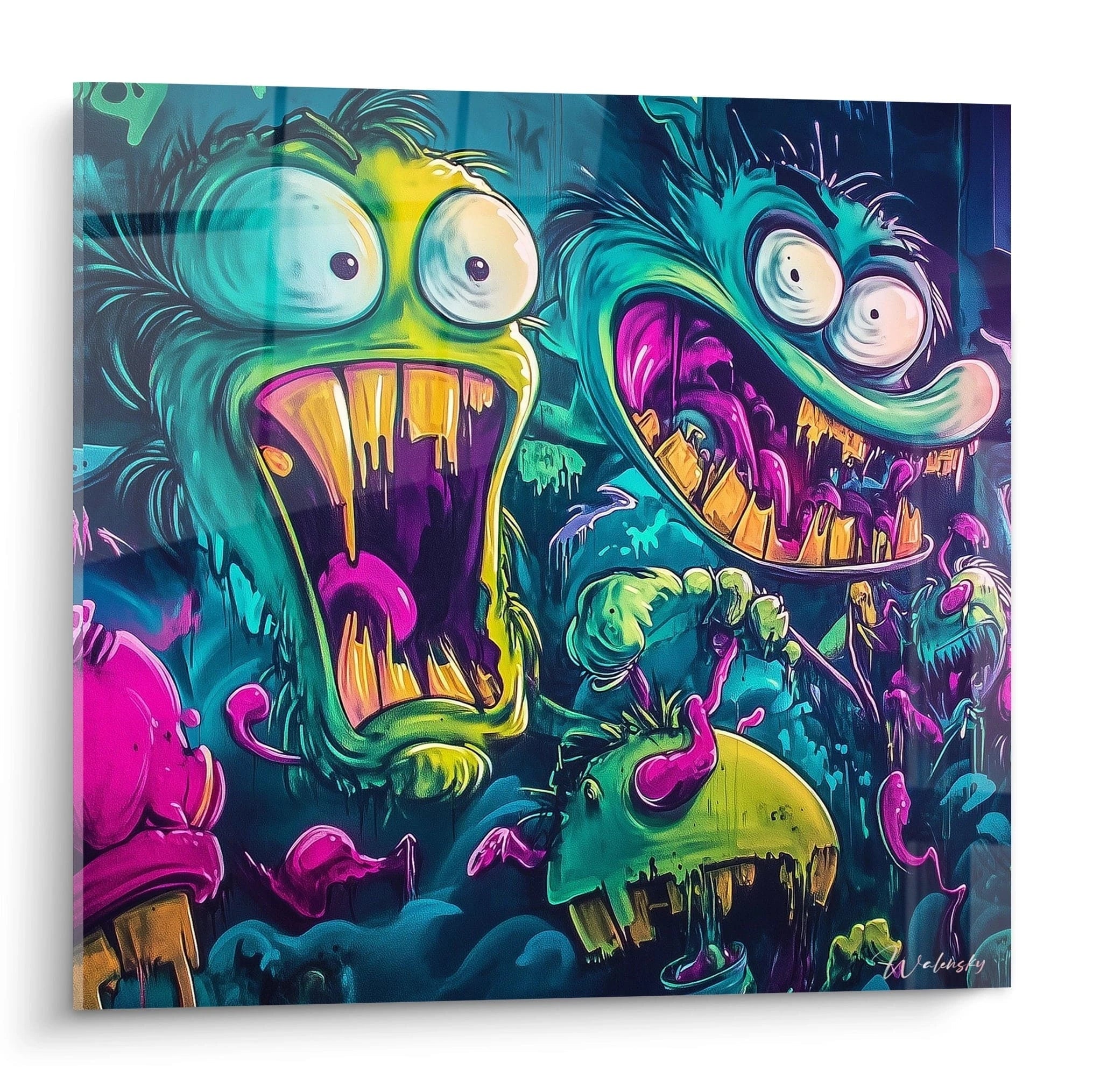 Un tableau street art représentant des monstres caricaturaux aux yeux exorbités et bouches béantes, avec des couleurs vives de turquoise, rose fuschia et jaune fluo, créant un effet psychédélique par ses textures dégoulinantes.