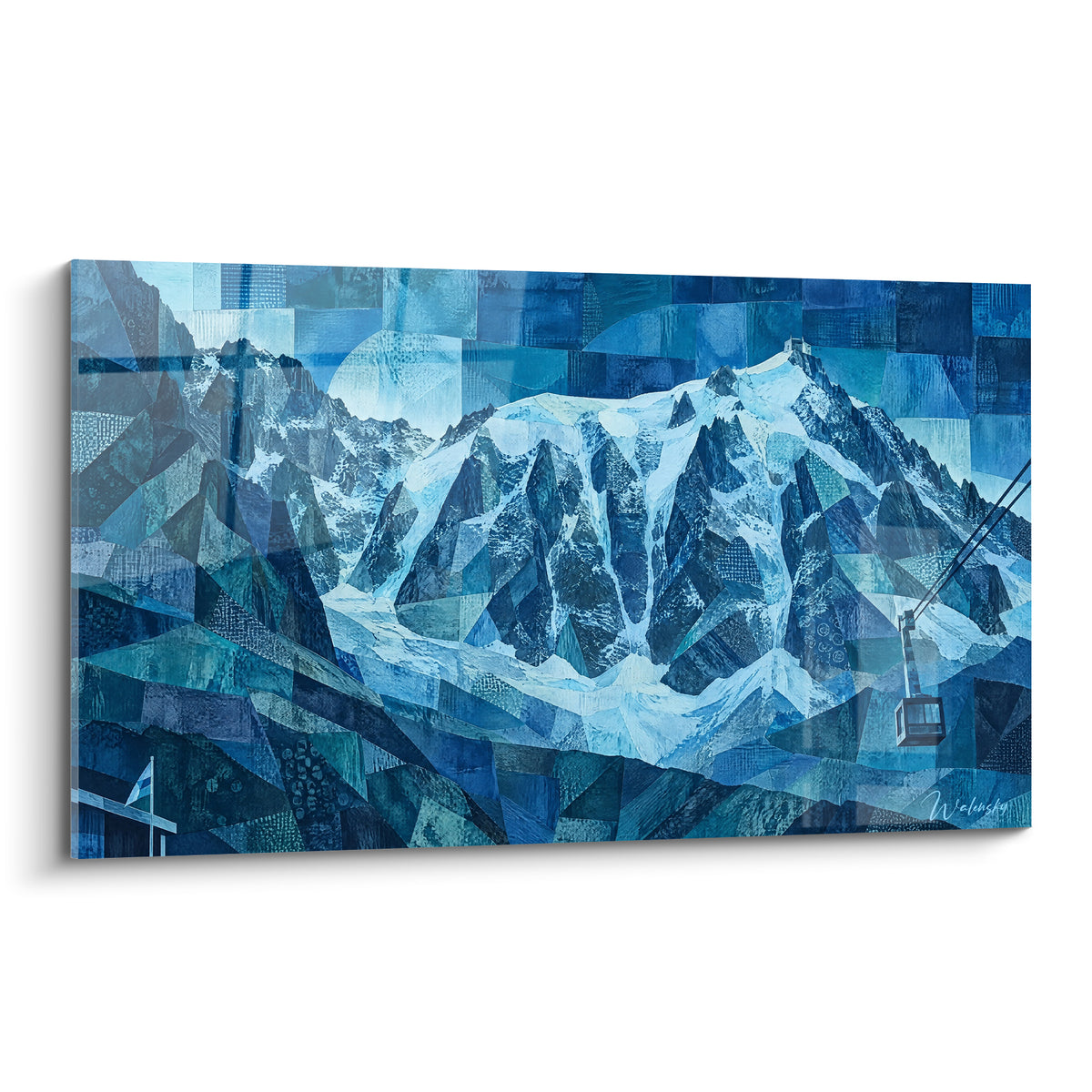 Mont Blanc en bleu glacier et blanc neige, sommets fragmentés et téléphérique suspendu, style géométrique