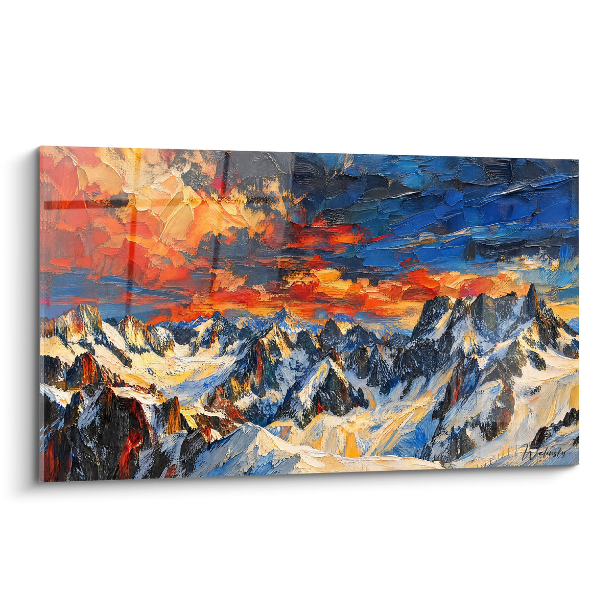Massif du Mont Blanc peint en touches orangées et bleu nuit, sommets enneigés texturés au couteau