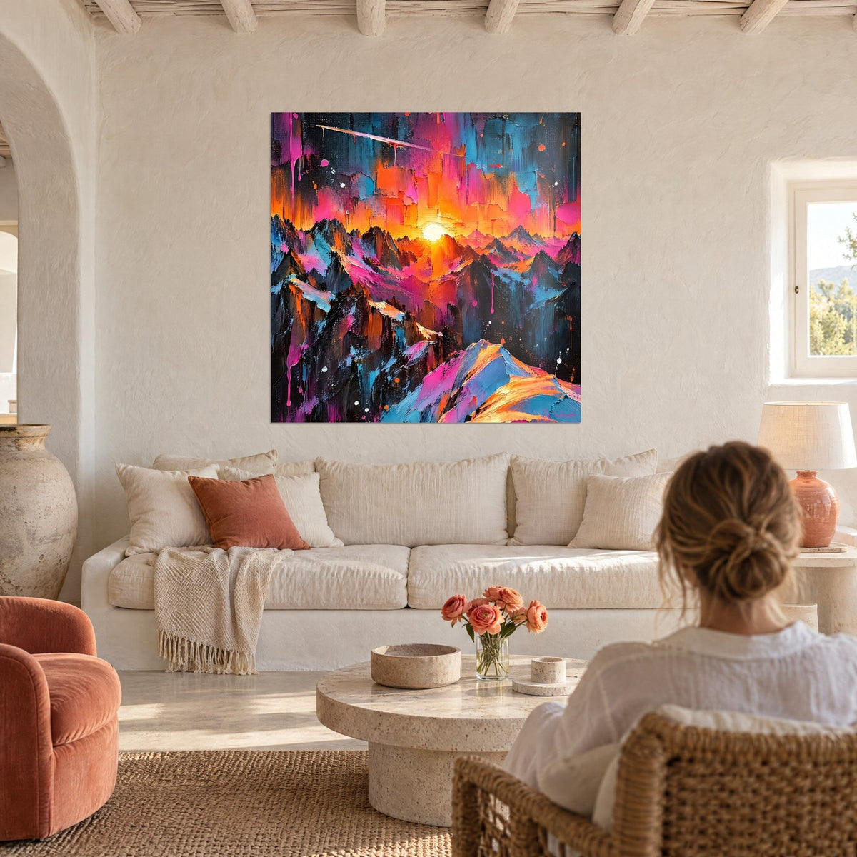 Sommets alpins fuchsia et anthracite, soleil incandescent, au-dessus d'un lit dans une chambre claire
