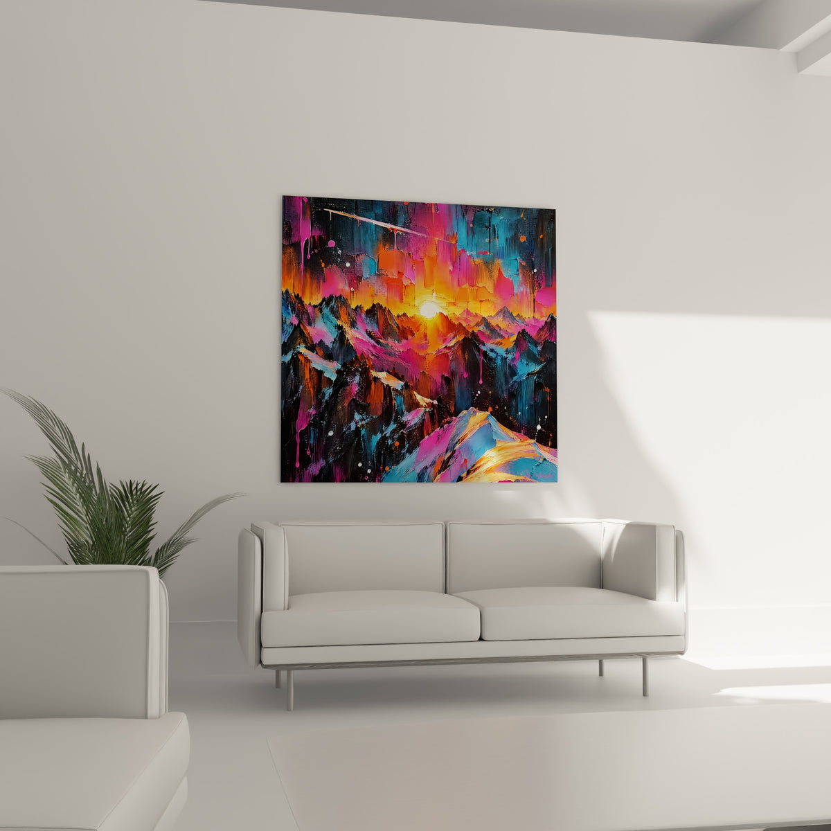 Crêtes rocheuses orange et bleu profond, coucher de soleil vibrant, au-dessus d'un canapé dans un salon lumineux