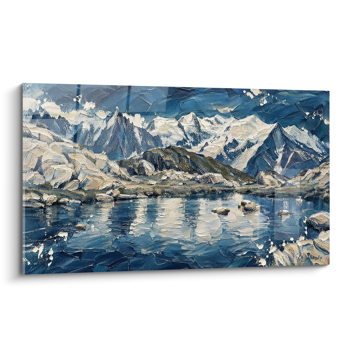 Lac alpin aux reflets bleu marine et blanc, sommets enneigés peints à la spatule, Mont Blanc