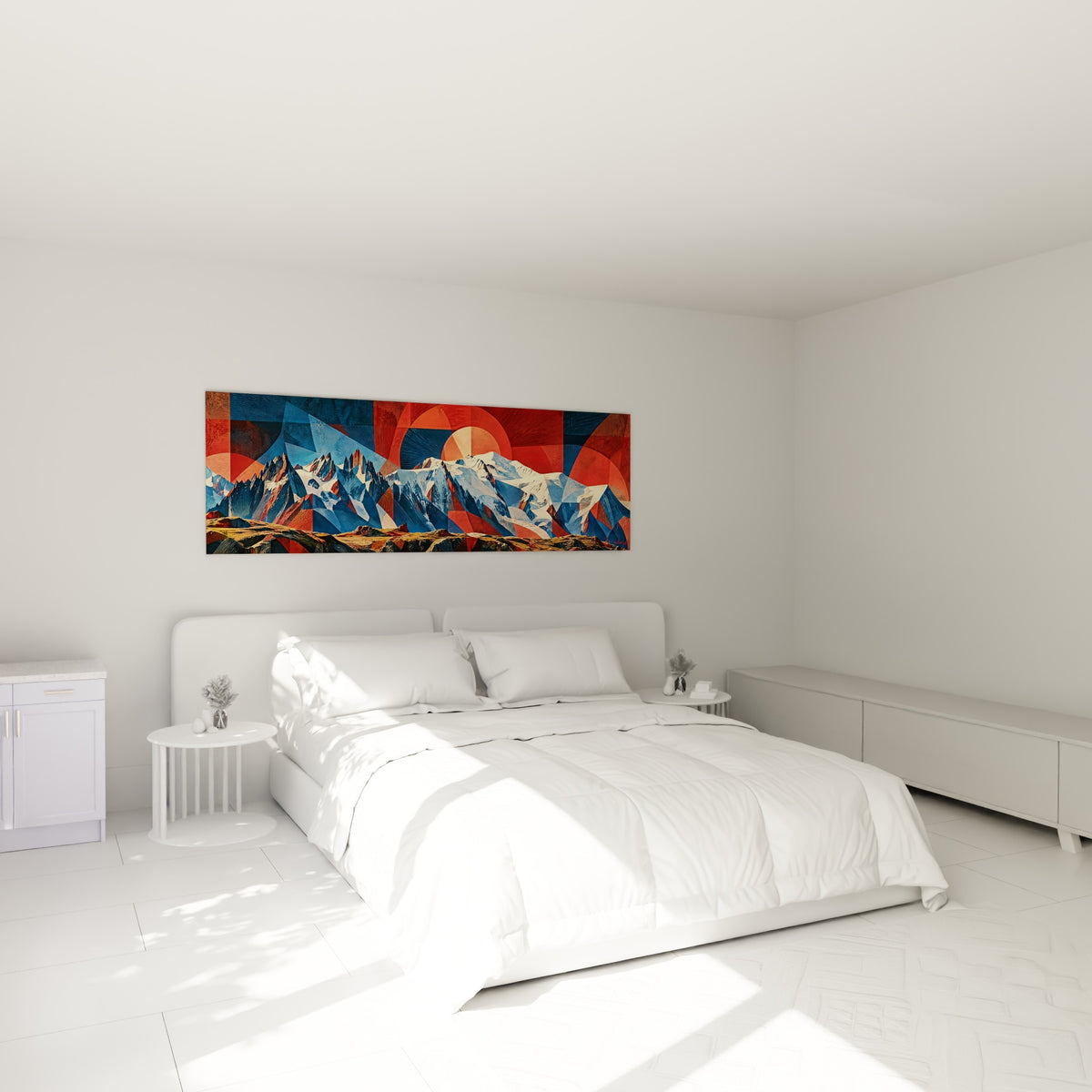 Montagne alpine aux formes triangulaires orange et bleu marine, accrochée au-dessus d'un lit dans une chambre claire