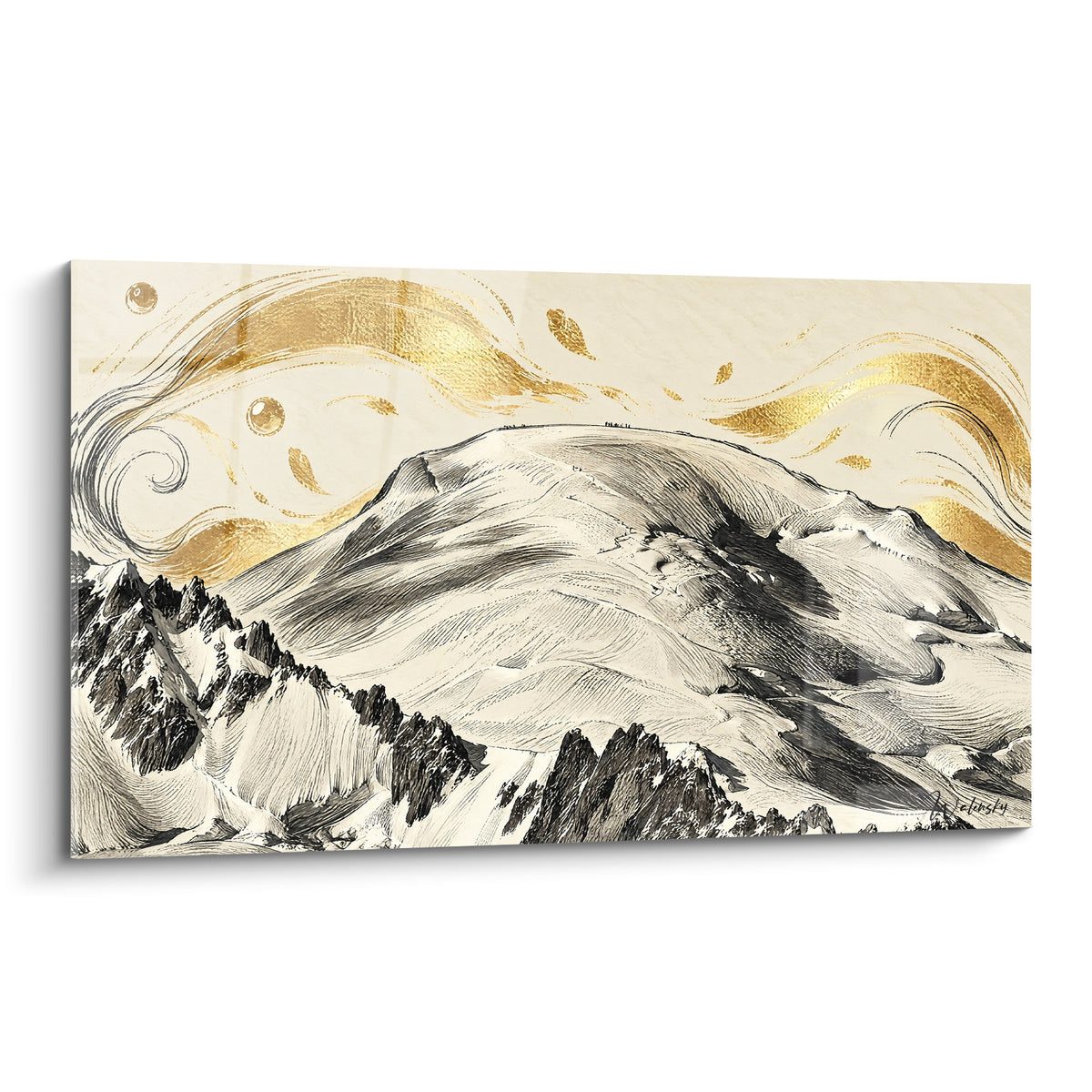 Πίνακας Mont Blanc σχεδιασμένος ασπρόμαυρα, κρεμ ουρανός διάστικτος με χρυσές σπείρες, λεπτομερείς χιονισμένες κορυφές