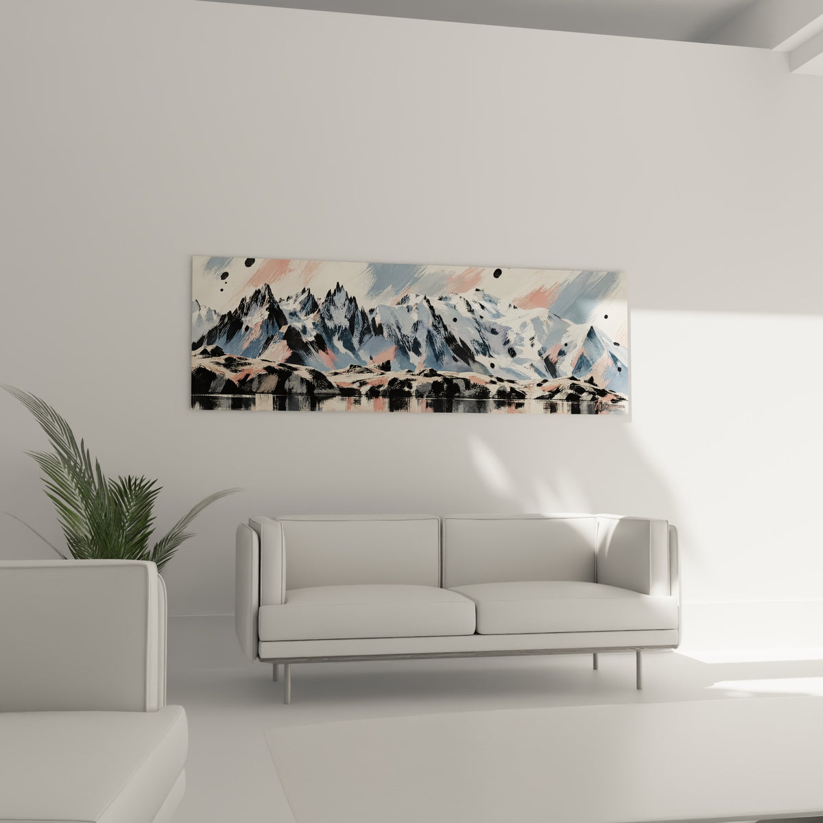 Cimes enneigées traitées en touches graphiques bleu ardoise et rose, au-dessus d'un canapé dans un salon lumineux