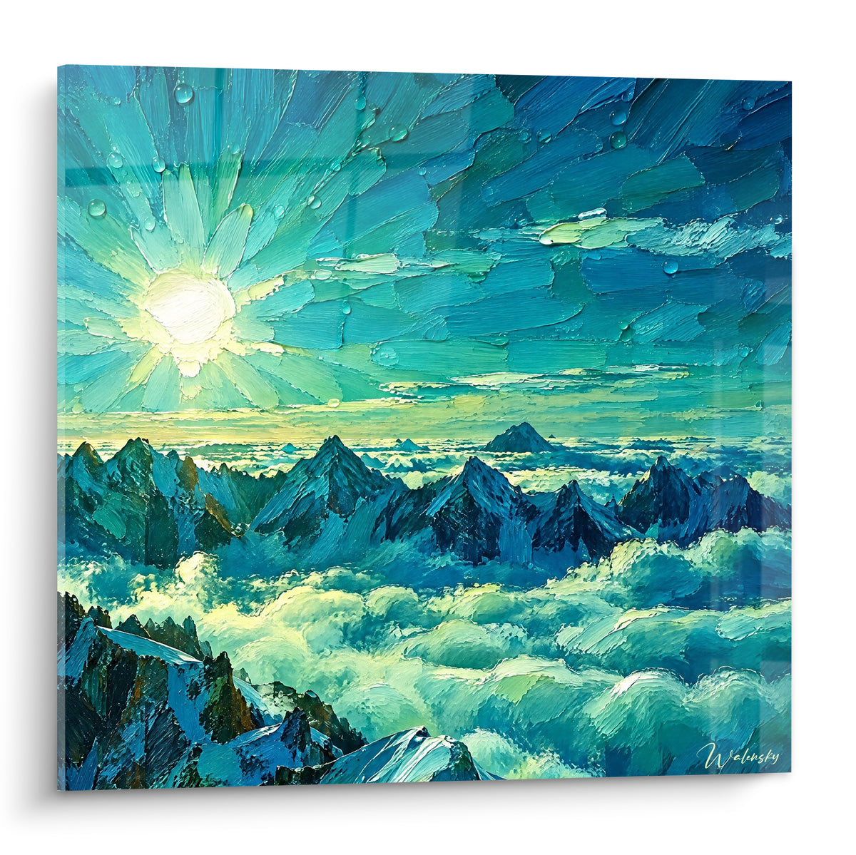 Sommets alpins bleu marine et turquoise sous un soleil doré éclatant, peinture texturée au couteau