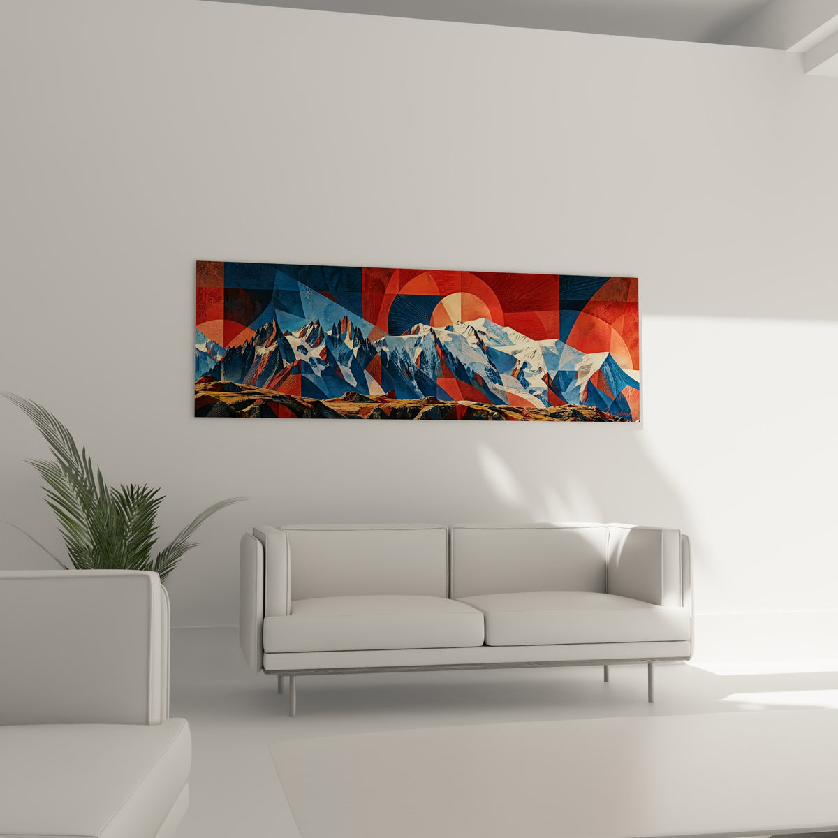 Chaîne montagneuse enneigée sur fond géométrique terracotta et anthracite, au-dessus d'un canapé dans un salon lumineux