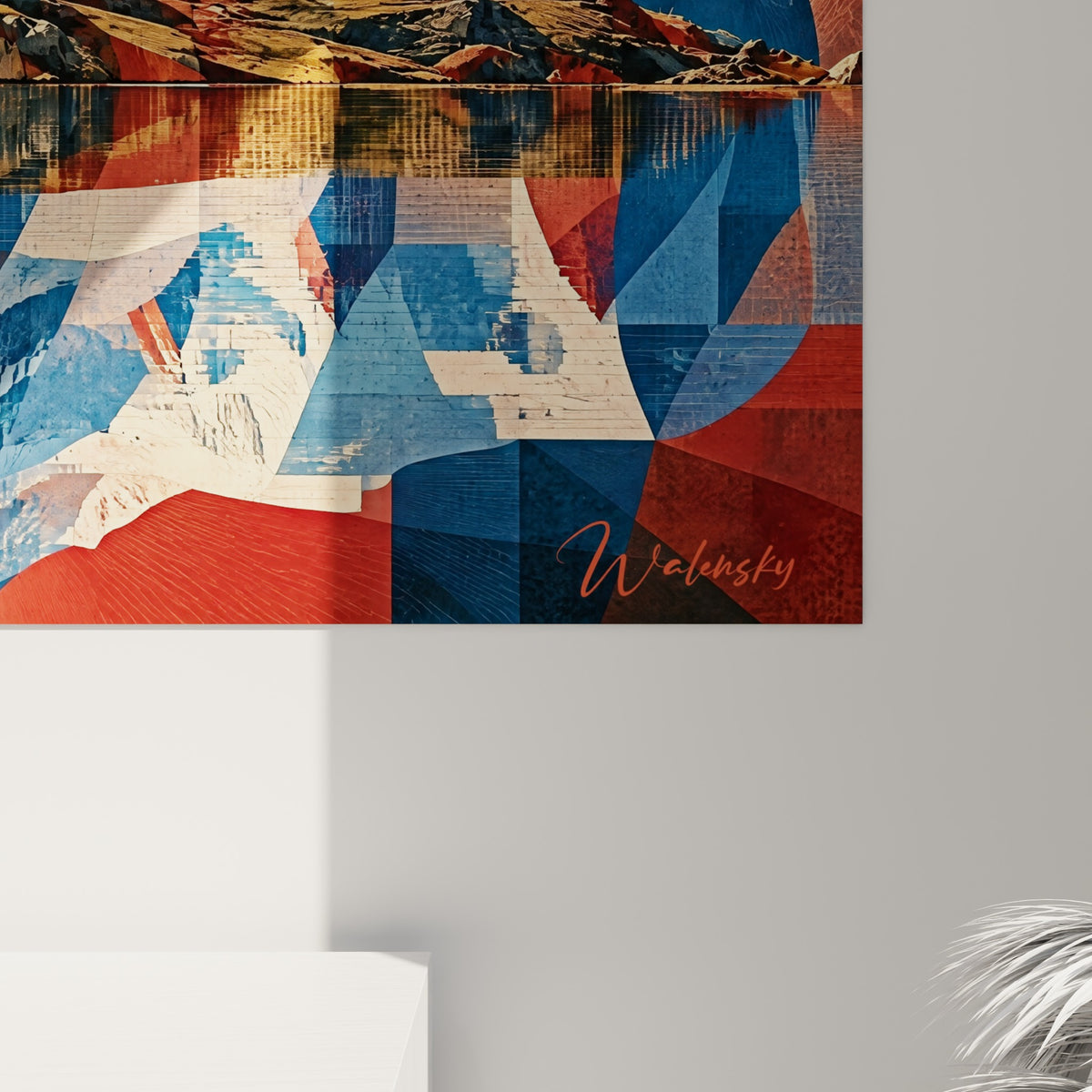 Grain texturé révélant les facettes bleu marine et terracotta des glaciers peints en gros plan sur la toile