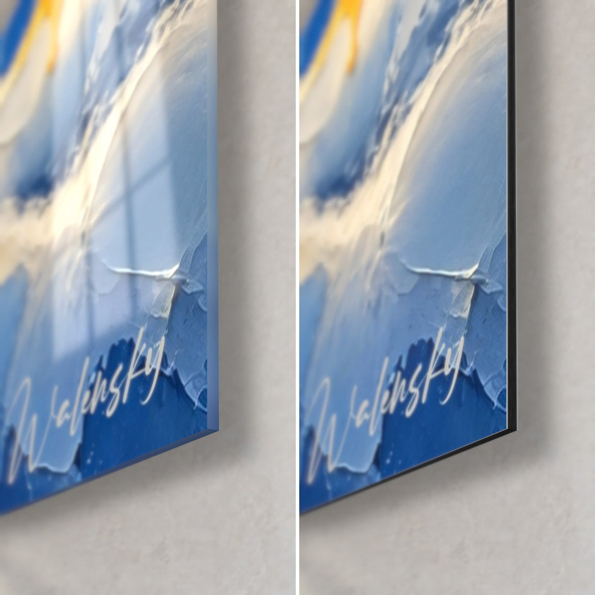 Wall art Massive alpine peak in blue and yellow, bottom right corner: glossy acrylic glass on the left, matte Dibond on the right, 3 mm edge