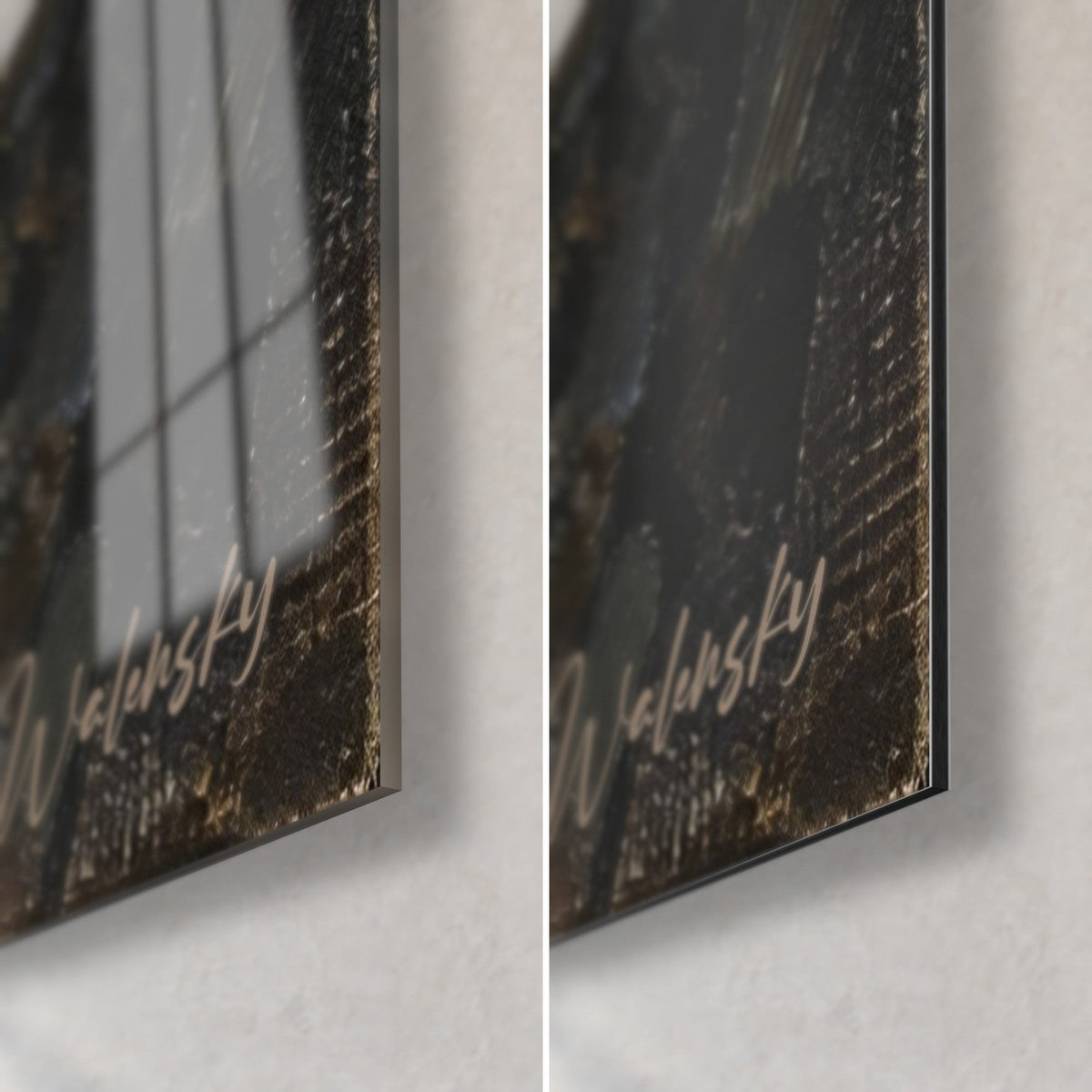 Gemälde eines alpinen Gletschers in dicker Pastellmalerei, unten rechts: glänzendes Acrylglas links, matt schwarzes Dibond-Aluminium rechts