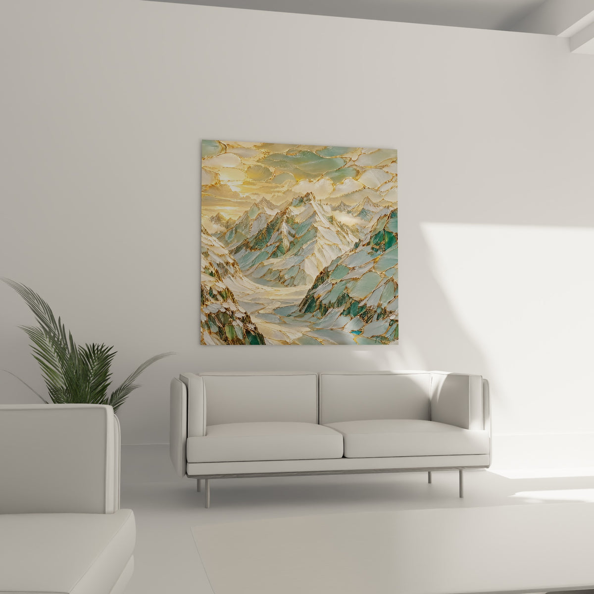 Chaîne montagneuse vert sauge et or en vitrail stylisé, placée au-dessus d'un canapé dans un salon lumineux