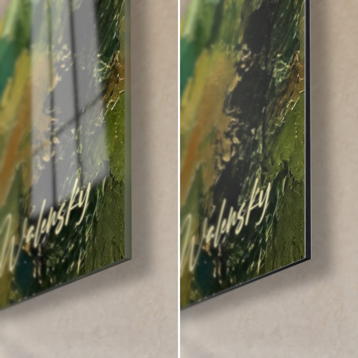 Tableau sommet rocheux vert et doré, coin bas droit : verre acrylique brillant à gauche, alu Dibond mat à droite, tranche 3 mm
