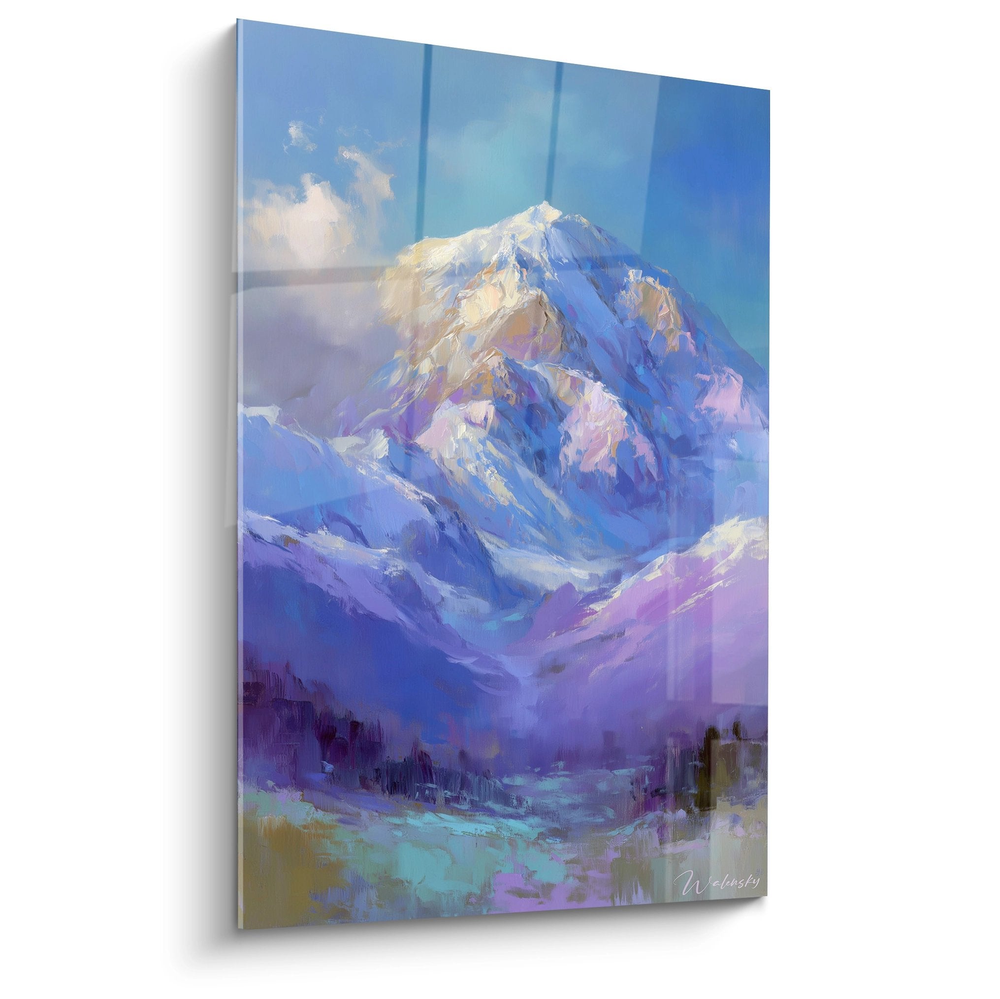 Tableau mont enneigé majestueux aux tons bleu violet, sommet alpin avec glaciers pour décoration murale