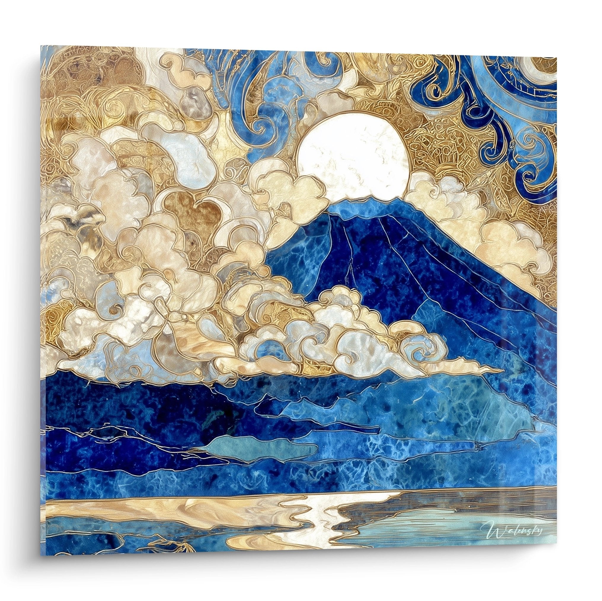 Tableau mural Mont Fuji bleu avec nuages dorés ornementaux et lac paisible, art japonais moderne