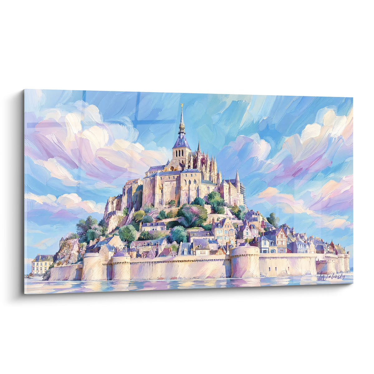 Mont-Saint-Michel doré sous un ciel rose et bleu, abbaye peinte avec remparts beiges éclatants