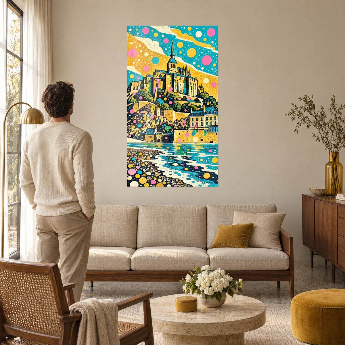 Quadro abbazia arroccata sulla sua roccia, cielo giallo zafferano e coriandoli rosa, uomo di spalle sopra un divano in un soggiorno luminoso