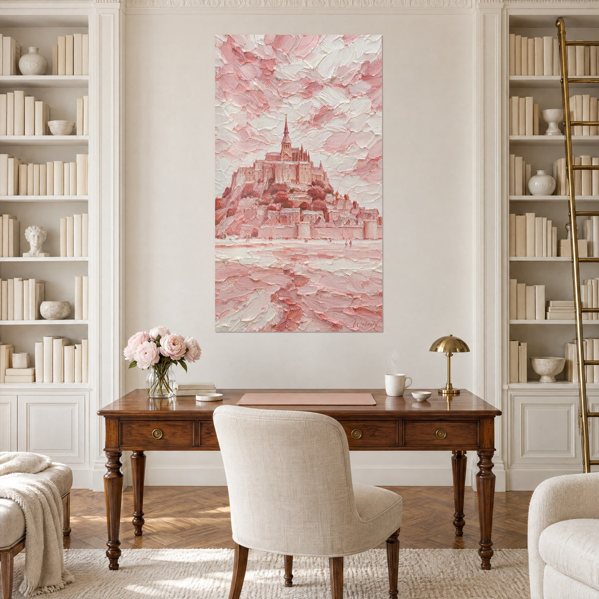 Schilderij Normandisch heiligdom in roze en ivoorkleurige toetsen, houten bureau, witte boekenkast en pioenrozen, Haussmann-appartement