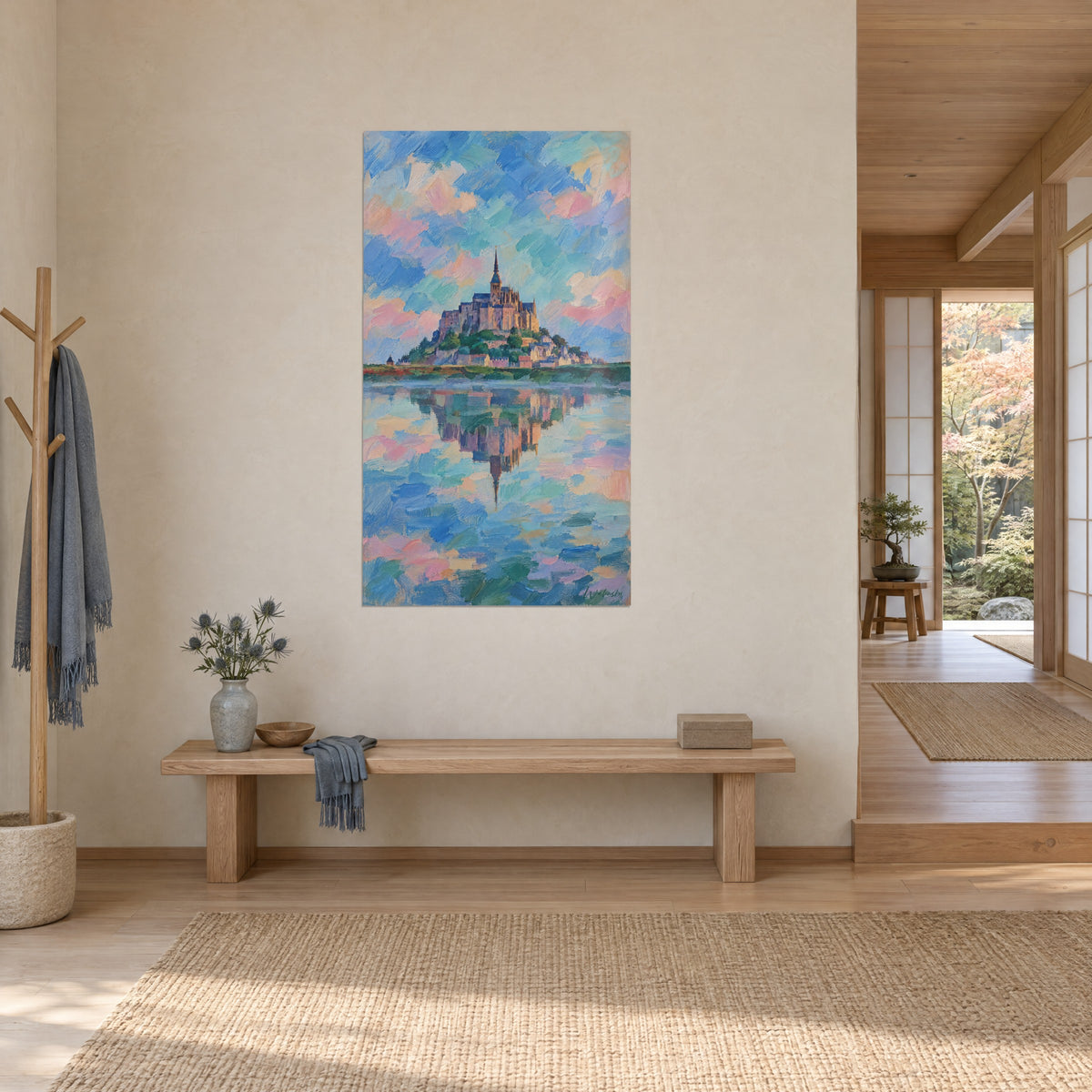 Wall art Mont-Saint-Michel reflected in mirror-like water, turquoise and pink brushstrokes, three-quarter view in a Japandi hallway