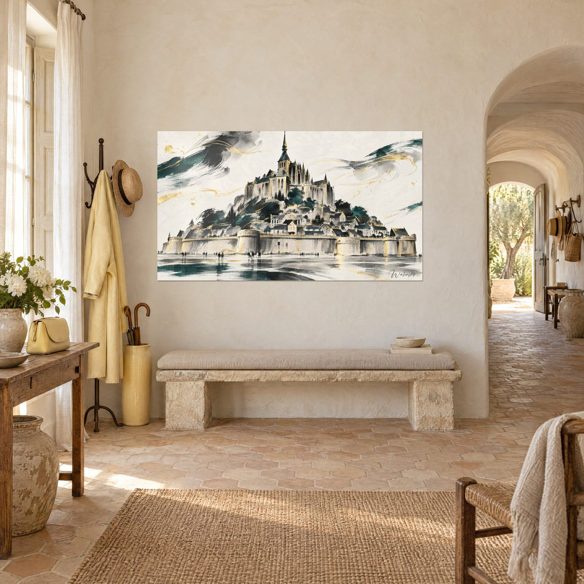 Gemälde Mont-Saint-Michel in Tusche, goldene Turmspitze und elfenbeinfarbener Stein über grauem Wasser, Dreiviertelansicht, provenzalisches Landhaus