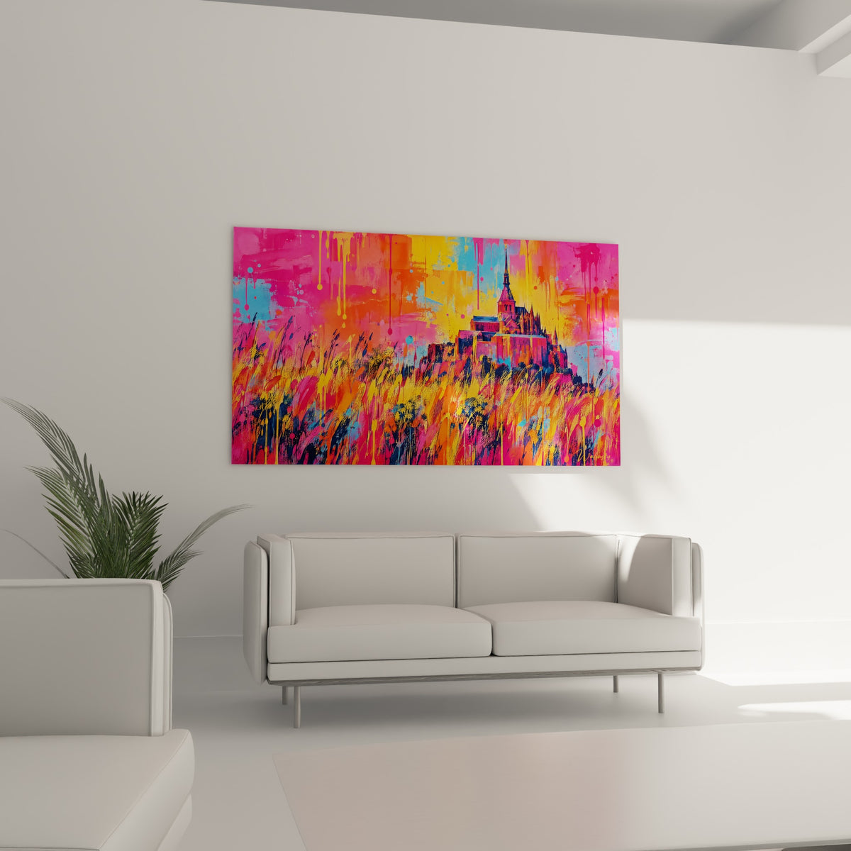 Monument coloré aux teintes orange et fuchsia, disposé au-dessus d'un canapé dans un salon lumineux