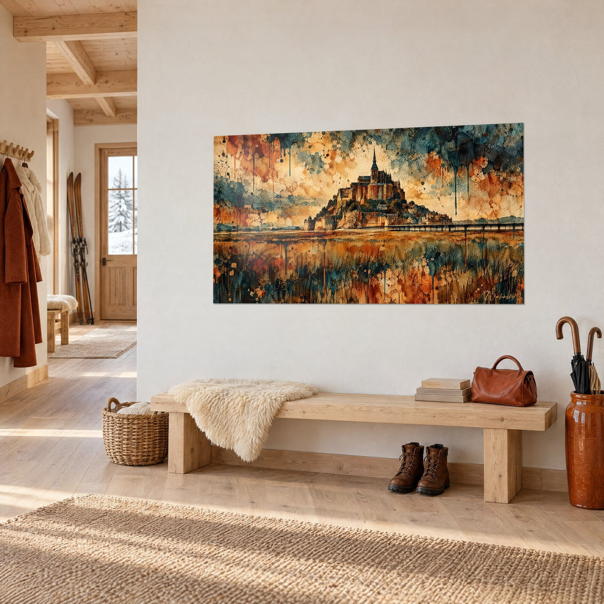 Cuadro Mont-Saint-Michel en técnica de aguada, aguja oscura sobre un cielo ámbar y naranja, en una pared blanca junto a un banco de madera