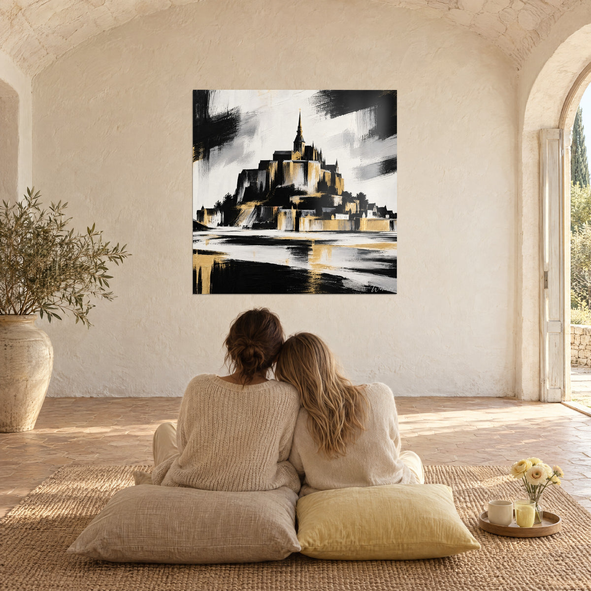 Schilderij Normandische abdij met gouden muren, goudkleurige reflecties op nat zwart zand, gewelfde woonkamer van blonde steen, bleekgele kussens