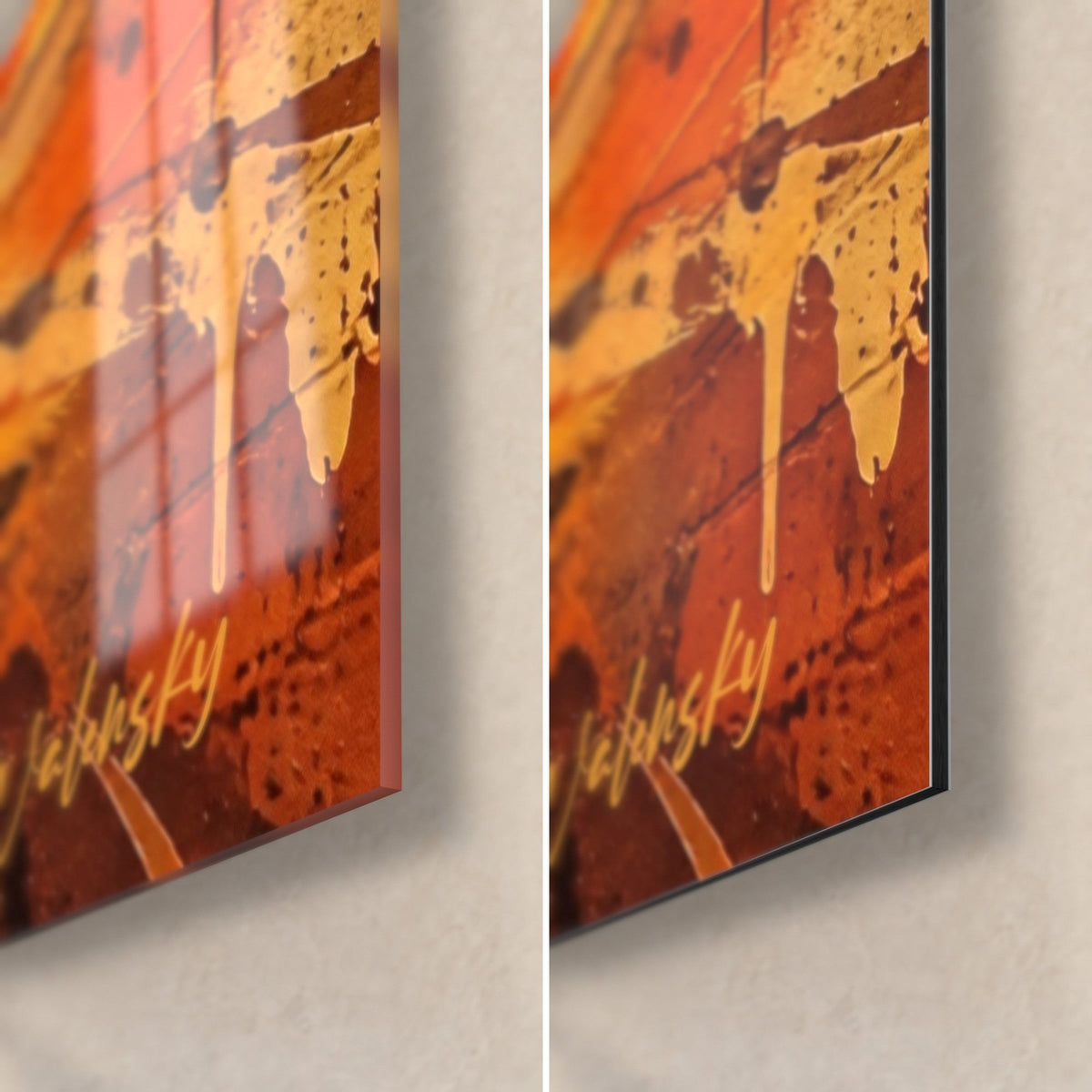 Wall art blazing citadel, bottom right corner: glossy glass with reflections on the left, matte Dibond on the right, ochre and red, 3 mm edge