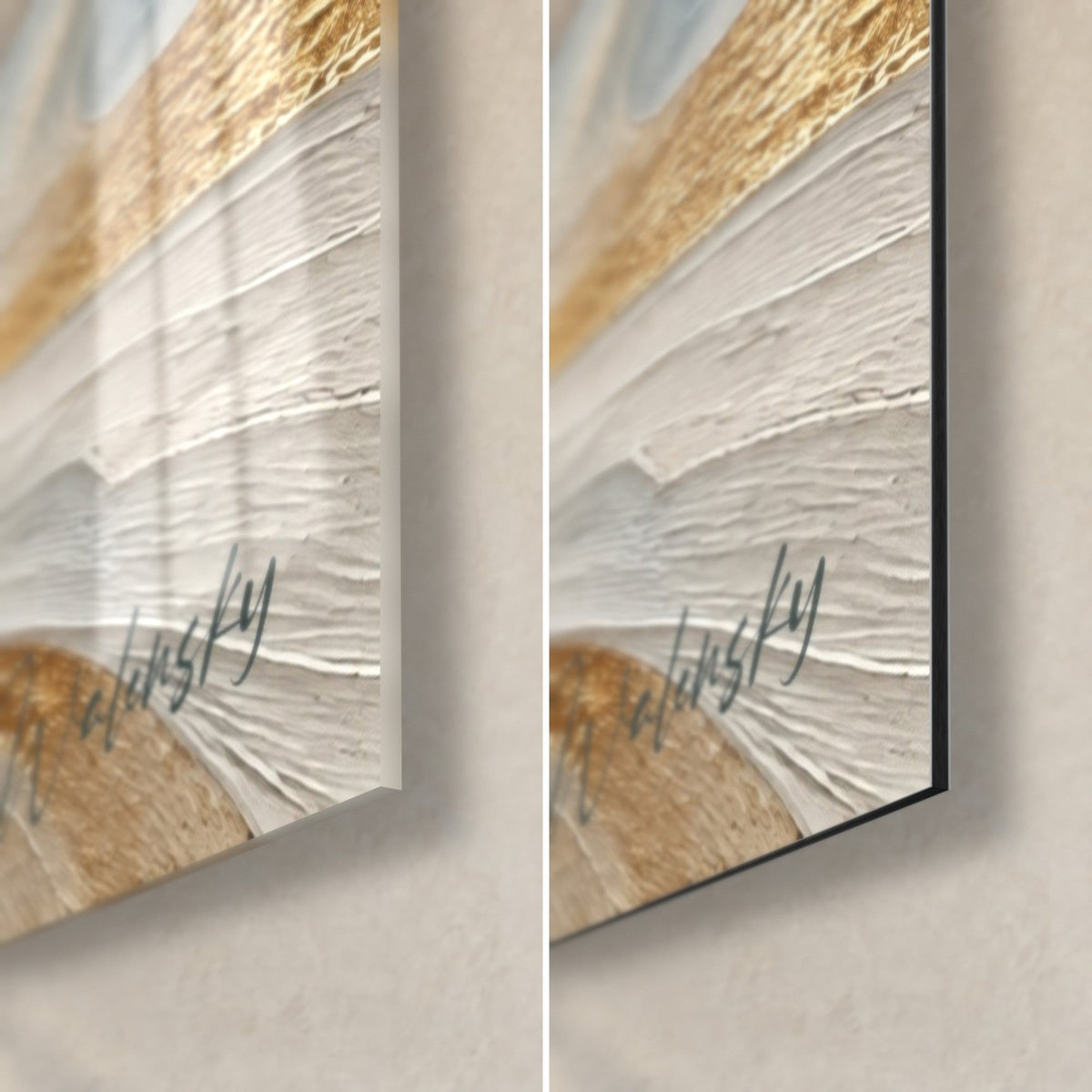 Quadro cittadella sulla sua roccia, angolo in basso a destra: impasti avorio e oro, firma grigio-azzurra, vetro lucido e Dibond opaco