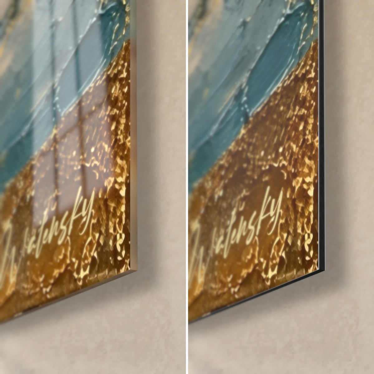 Quadro roccia dorata, angolo in basso a destra, vetro acrilico lucido a sinistra, alluminio Dibond opaco a destra, bordo nero da 3 mm
