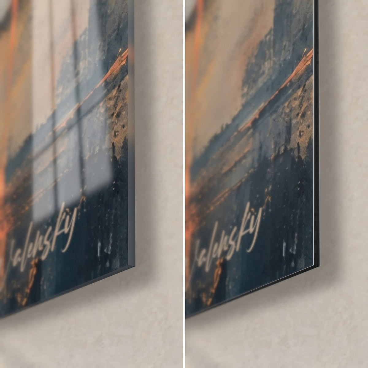 Gemälde Festung auf einem Felsen, untere rechte Ecke: glänzendes Acrylglas links, matte Dibond-Aluminium rechts, Nachtblau und Gold, 3 mm Kante