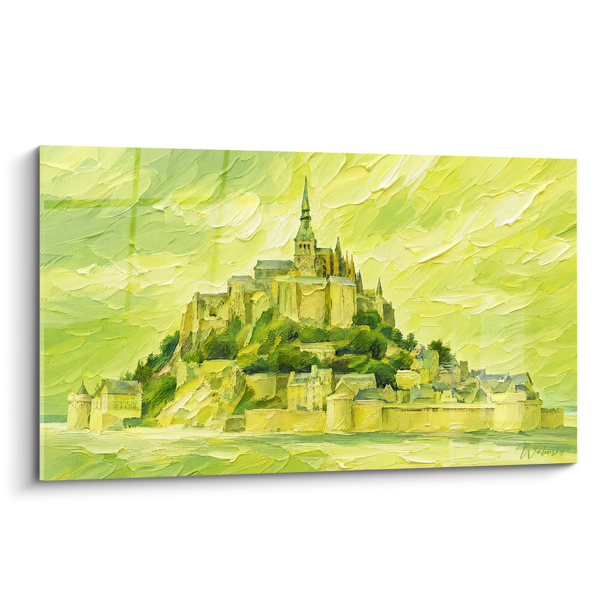 Πίνακας Mont-Saint-Michel σε αποχρώσεις φασκόμηλου και κίτρινου λεμονιού, παχιά εμπαστέλια σε ιμπρεσιονιστικό ύφος