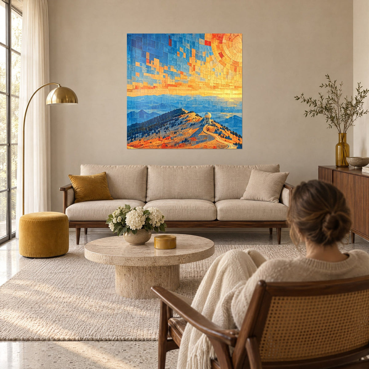 Wall art Mont Ventoux ridge in cobalt blue and orange mosaic, radiant sun, white observatory, above a sofa in a bright living room