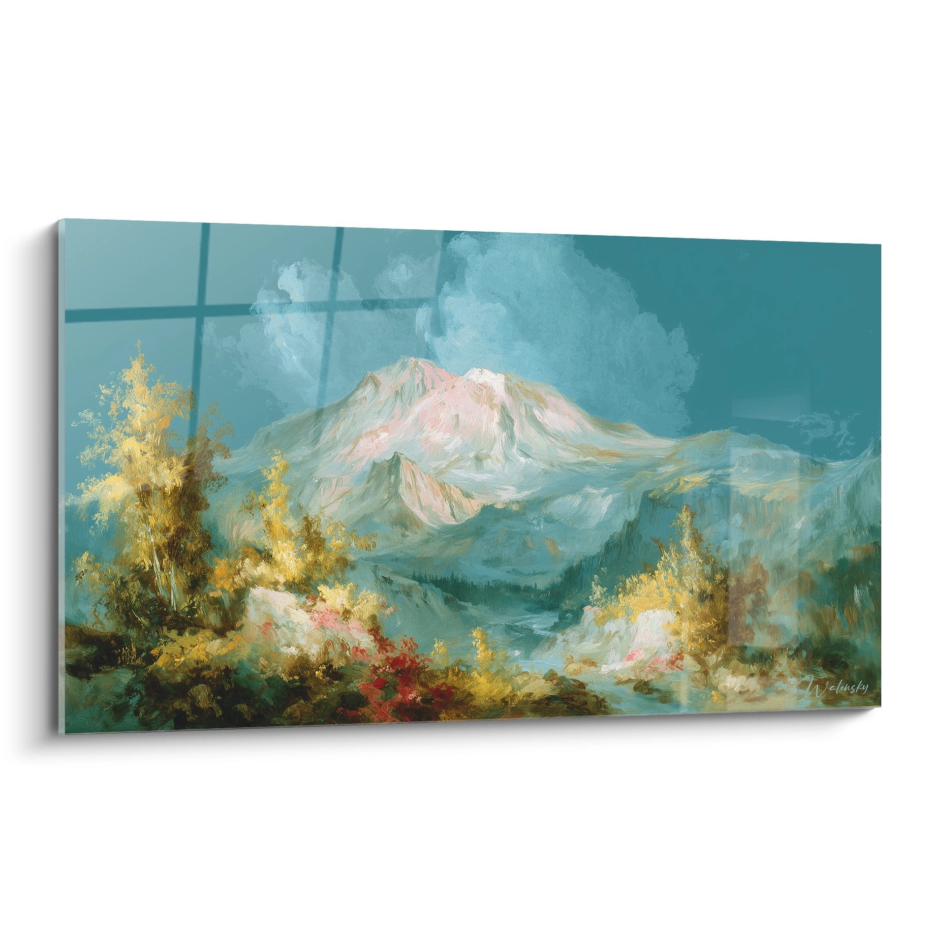 Tableau mural mont volcanique alpin aux tons dorés turquoise avec végétation luxuriante et sommet enneigé