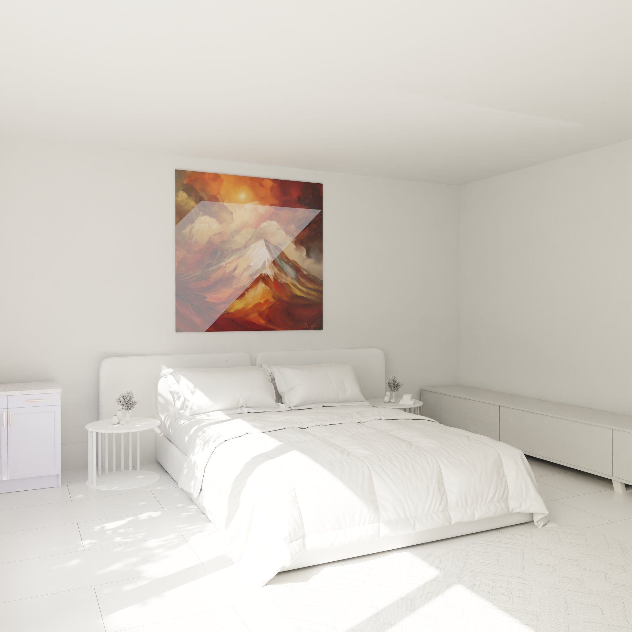 Ambiance chambre avec tableau montagne abstraite au mur, décoration murale paysage moderne tons chauds