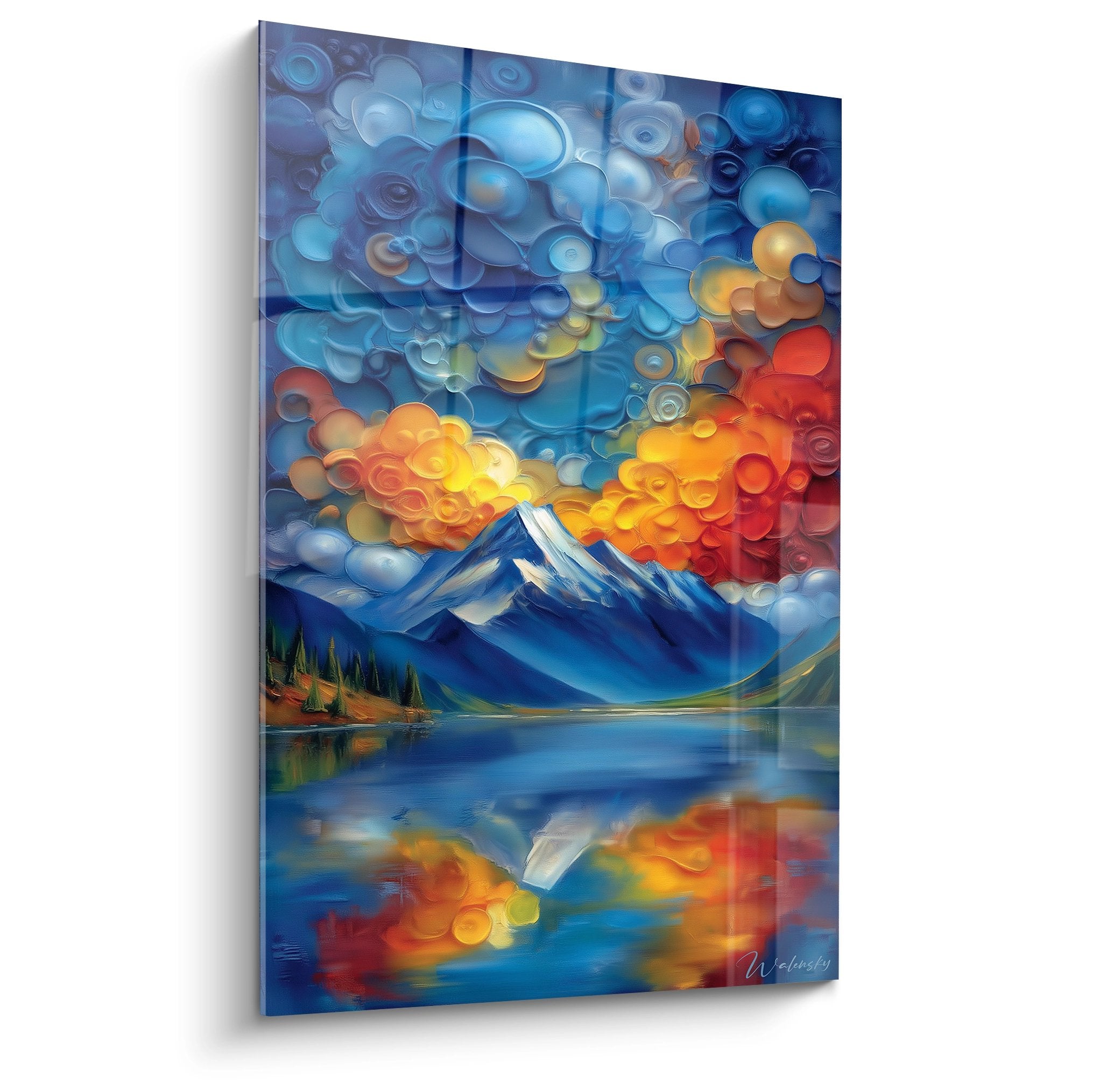 Tableau montagne abstraite avec ciel cosmique et reflets, art moderne bleu orange