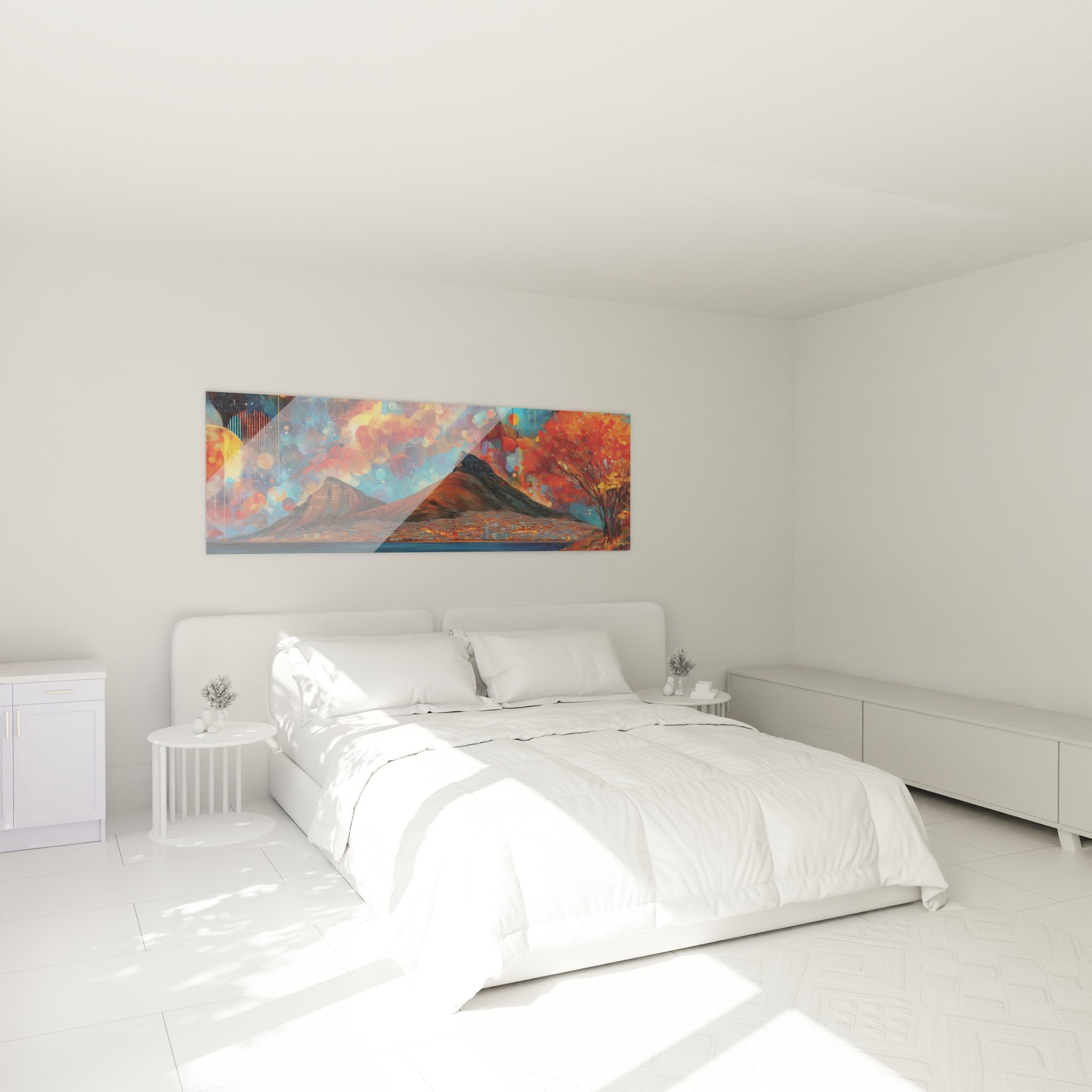 Abstract mountain artwork in modern bedroom, colorful wall decoration contemporary ambiance