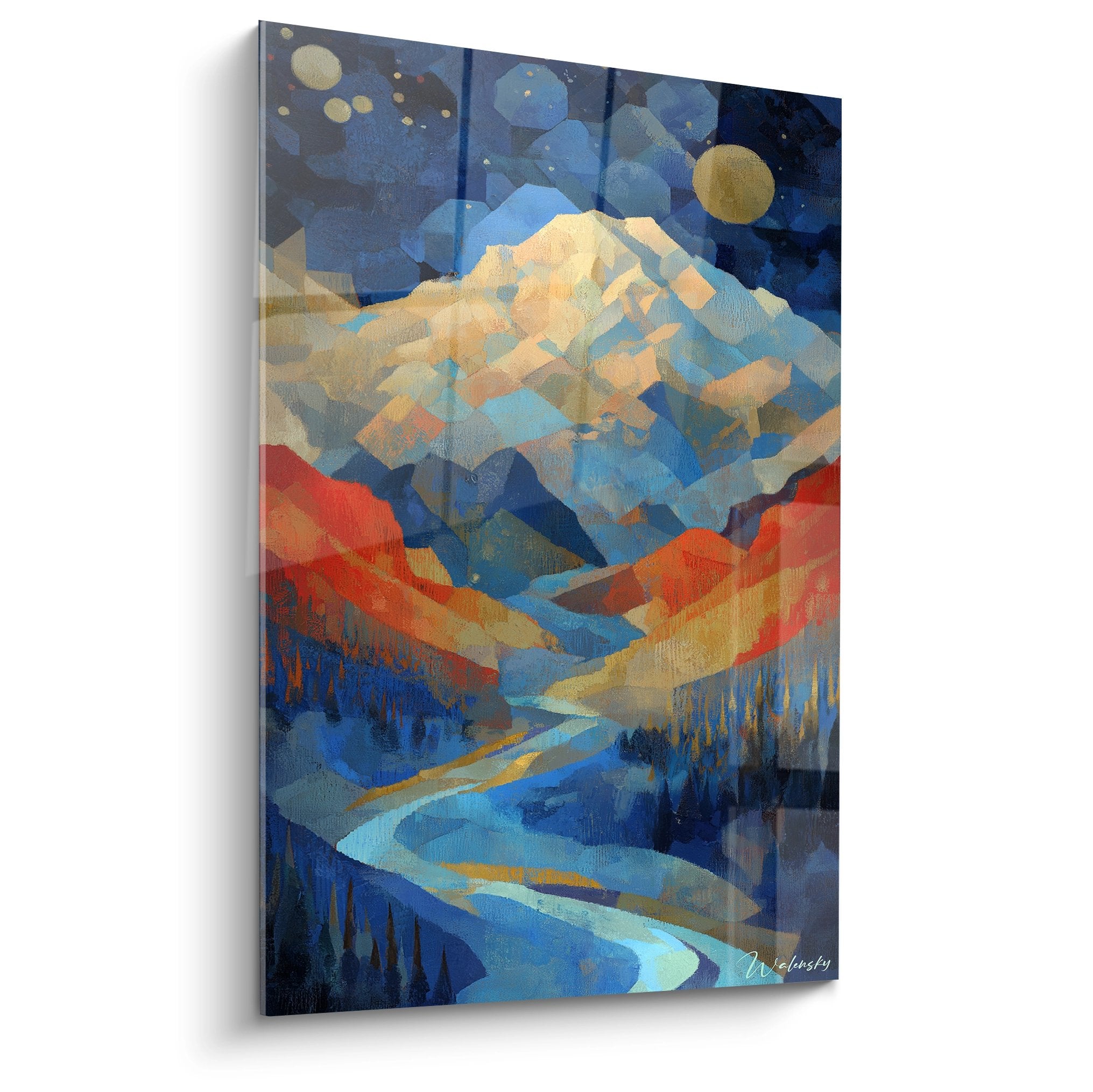 Tableau mural montagne abstraite aux tons bleus et dorés avec paysage cosmique et rivière serpentine