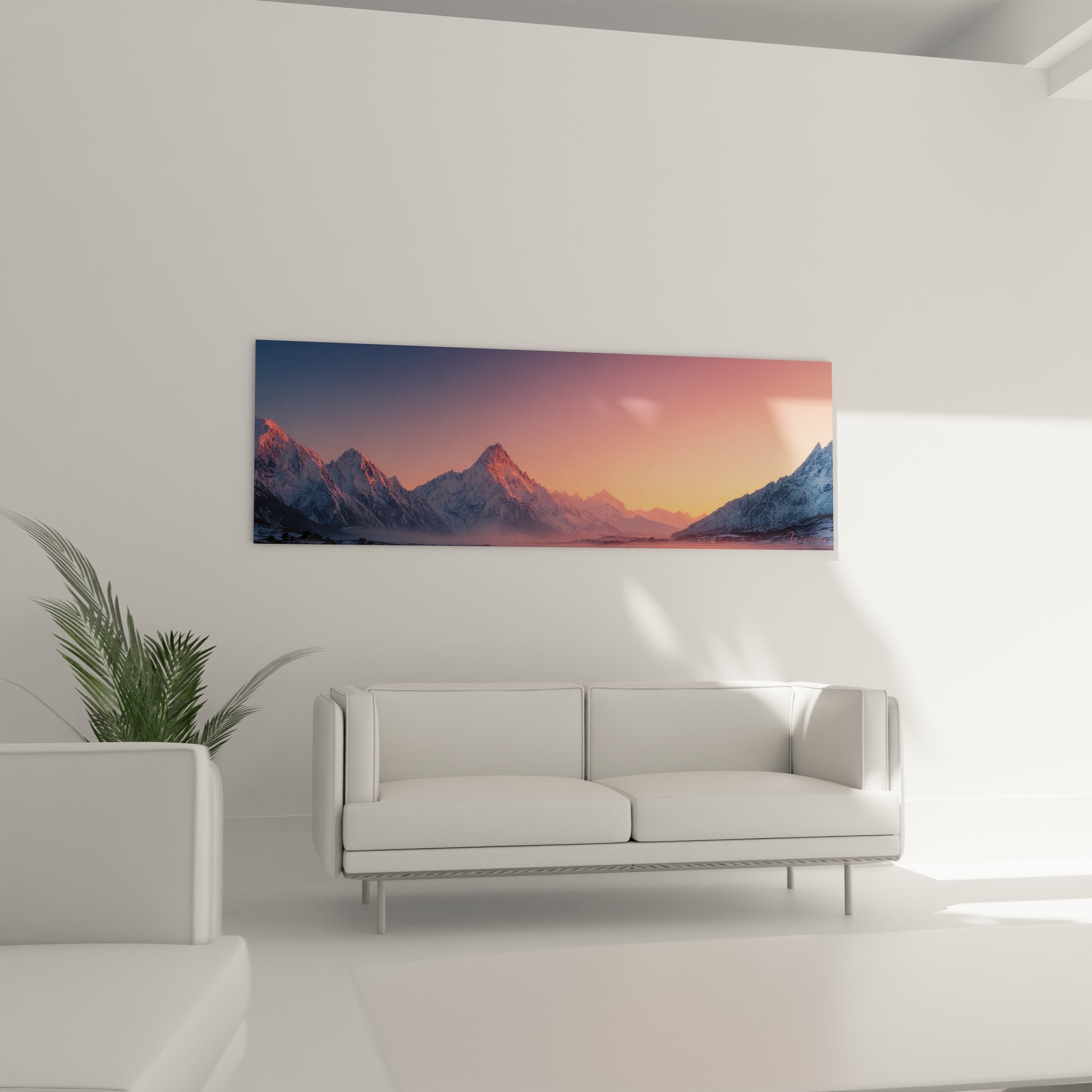 Détail tableau montagne alpenglow texture couleurs chaudes orange rose sommets neigeux art mural qualité