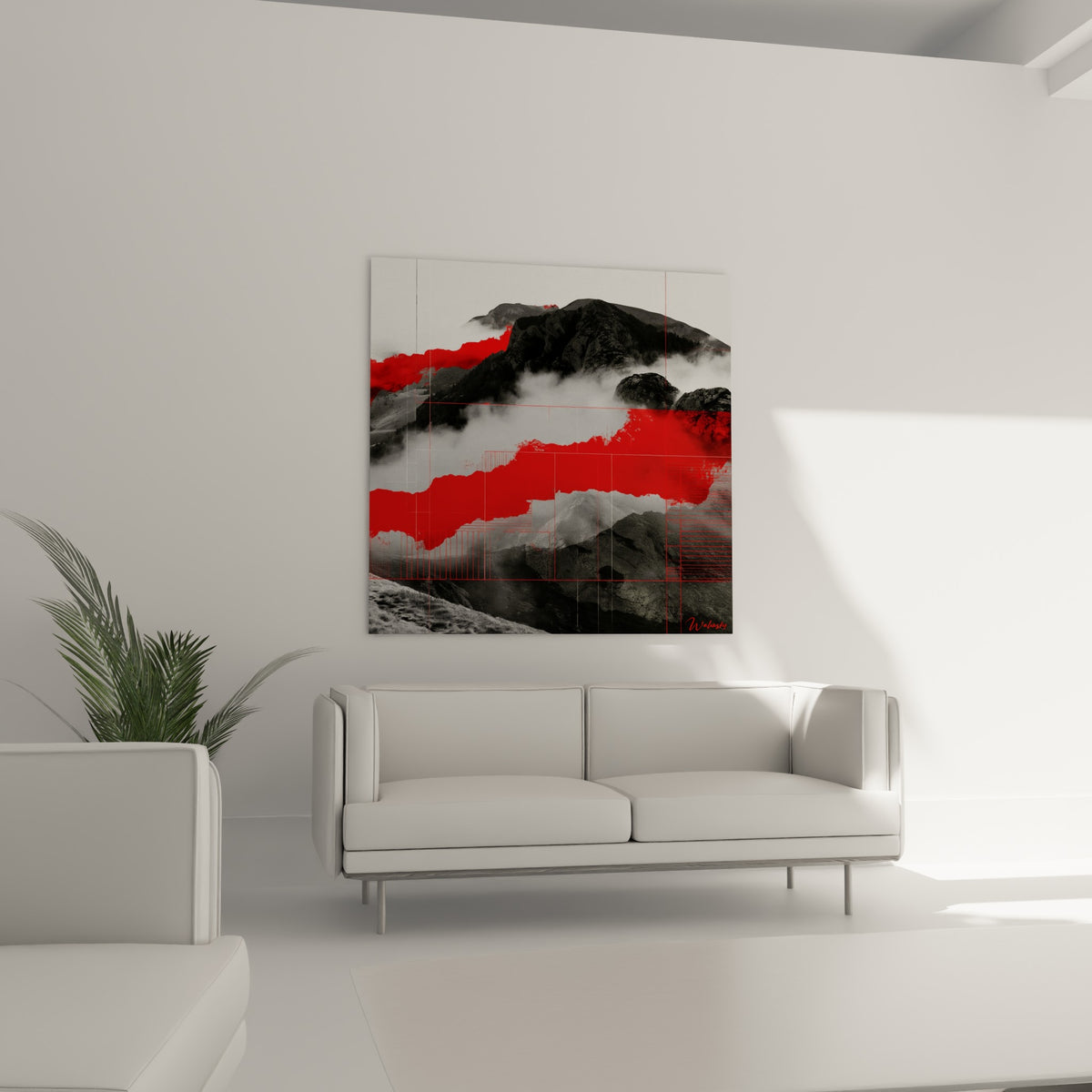 Sommet gris et brume rouge accroché au-dessus d'un canapé dans un salon lumineux