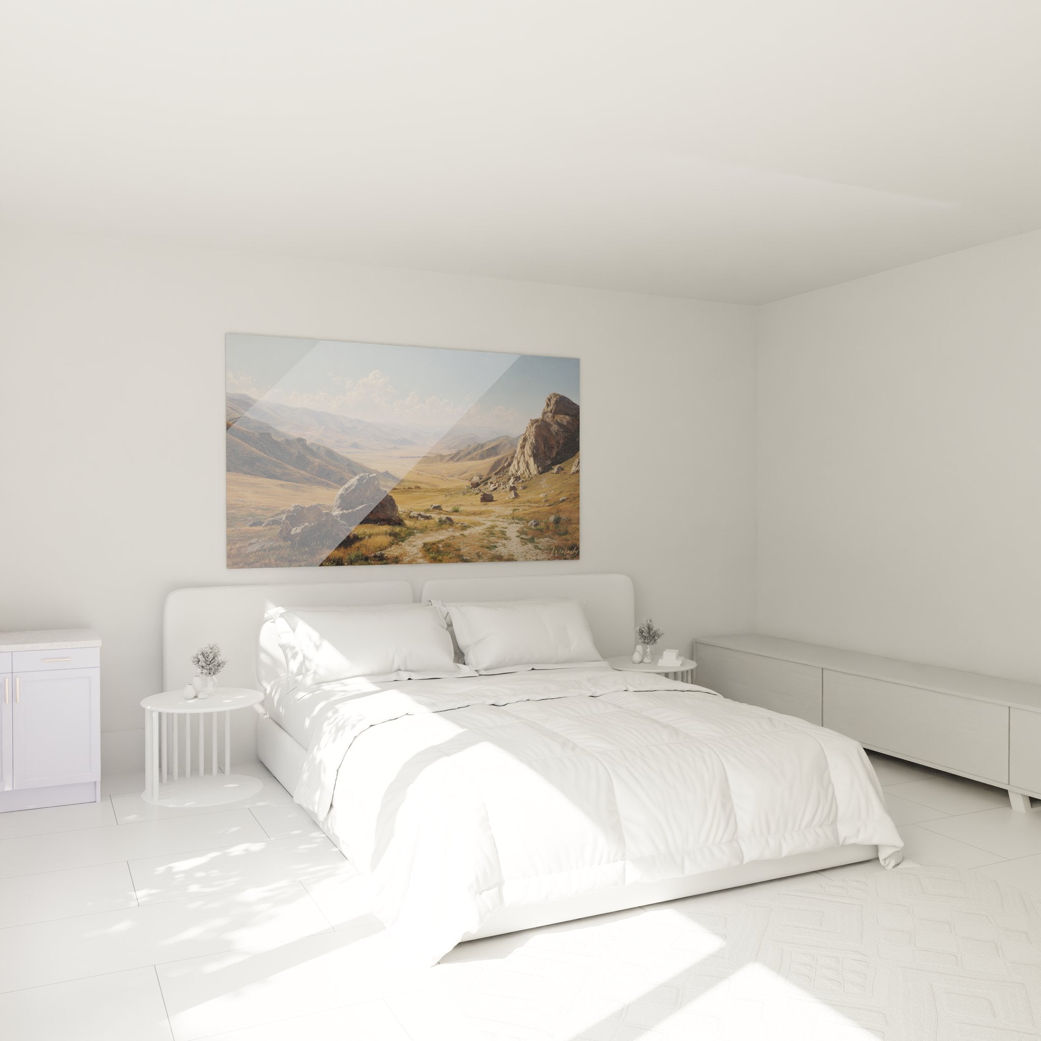 Tableau montagne aride décorant une chambre moderne avec vallée désertique aux tons ocres