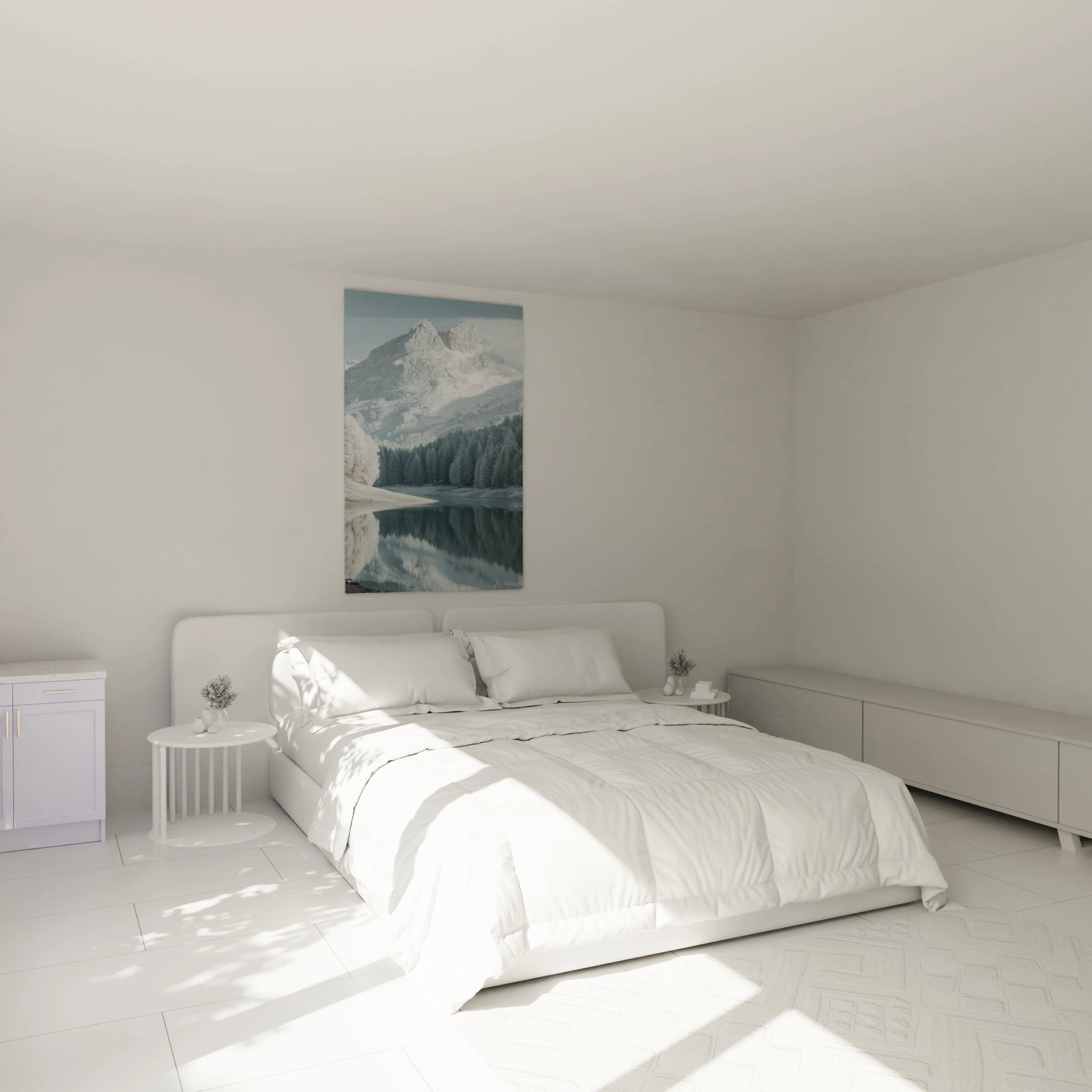 tableau montagne hiver Walensky affiché dans une chambre minimaliste blanc avec paysage de lac et montagne enneigée